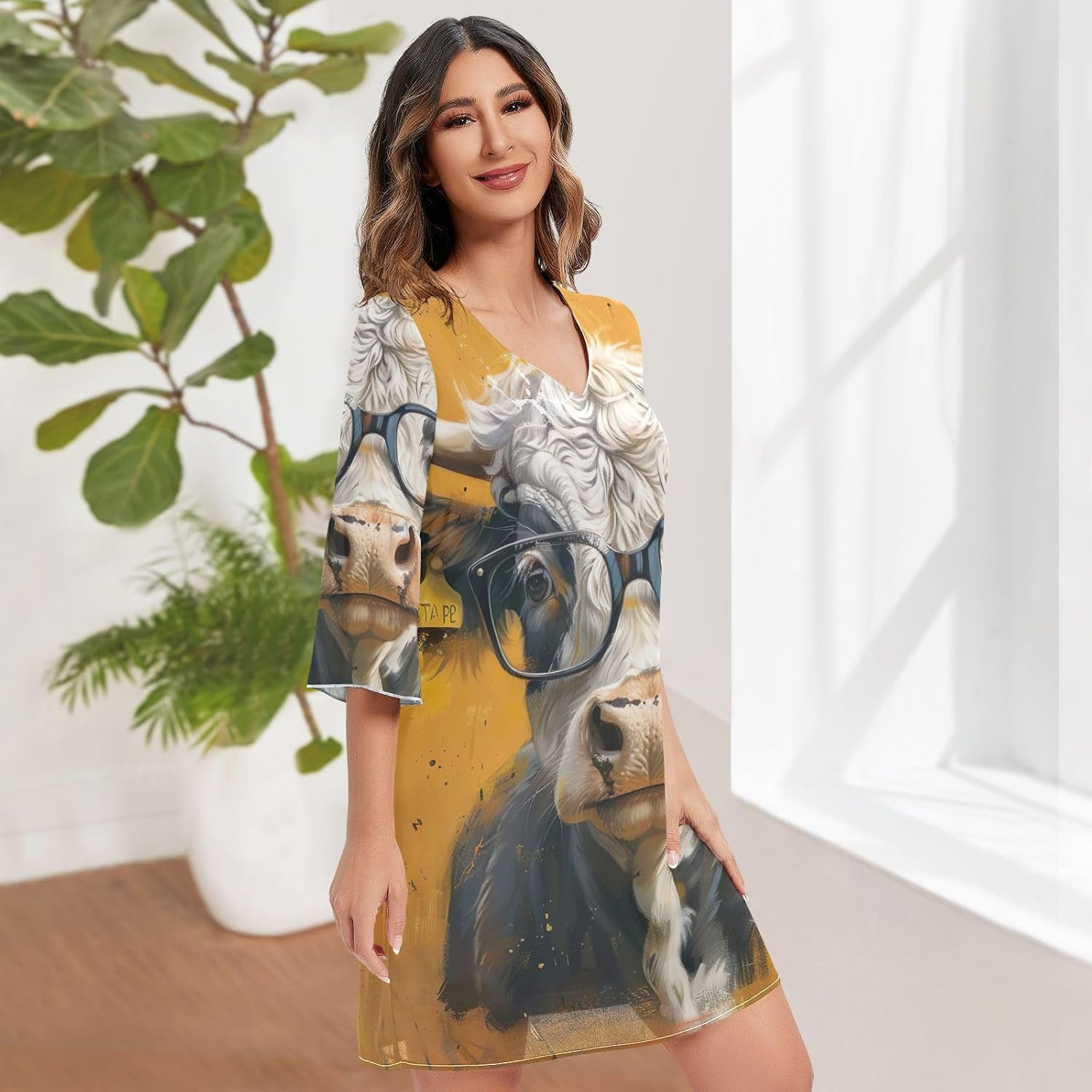 Highland Cow Yellow Chiffon V Neck Dress Printed Line Maternity Dress S-XXL image number 5