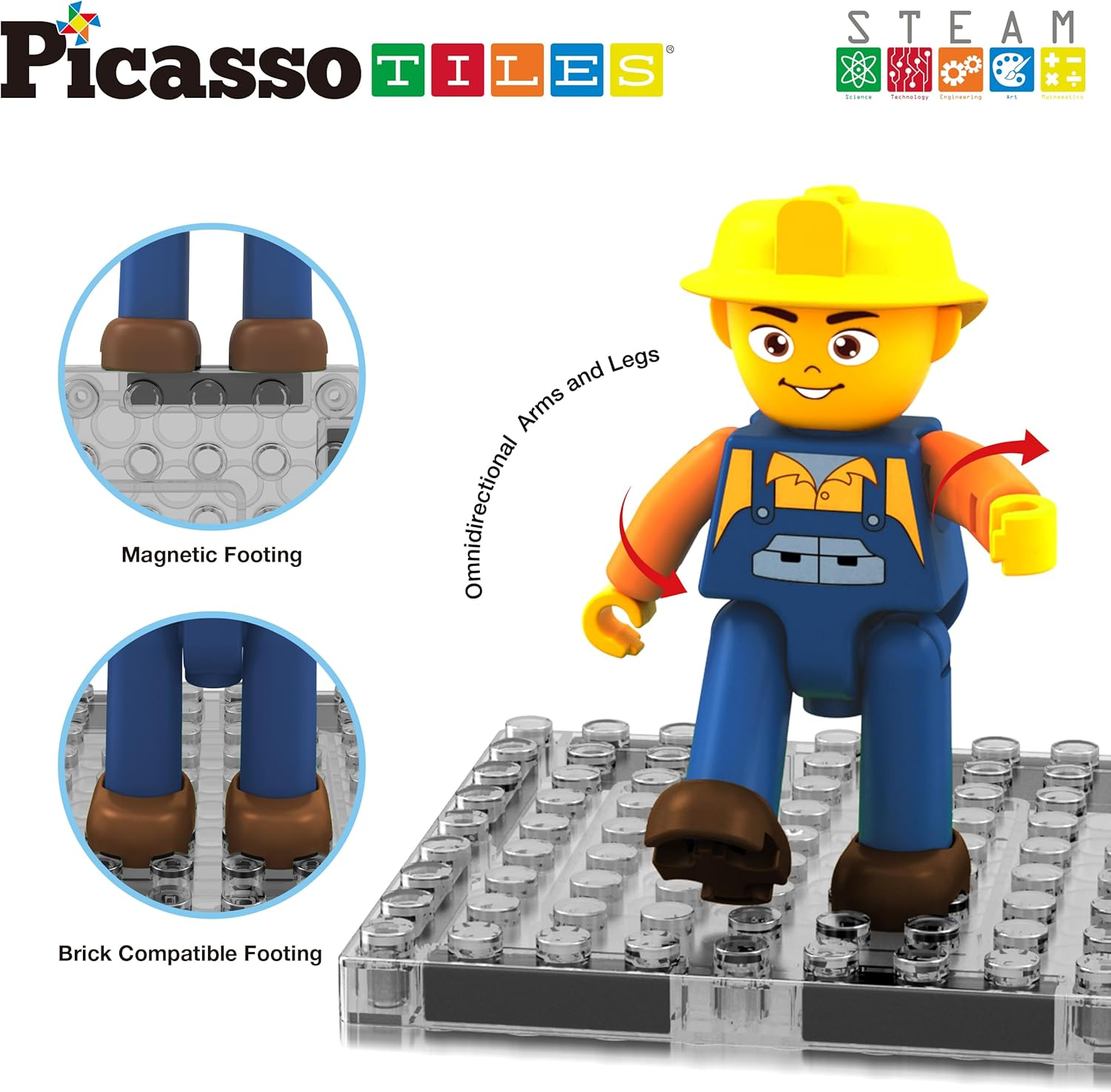 Picassotiles Magnet Tiles Building Block 2-In-1 Excavator & Backhoe Brick Compatible Construction Playset with Car Base Magnetic Character Action Figure STEM Educational Learning Toy Kit Age 3+ PTU04 image number 5