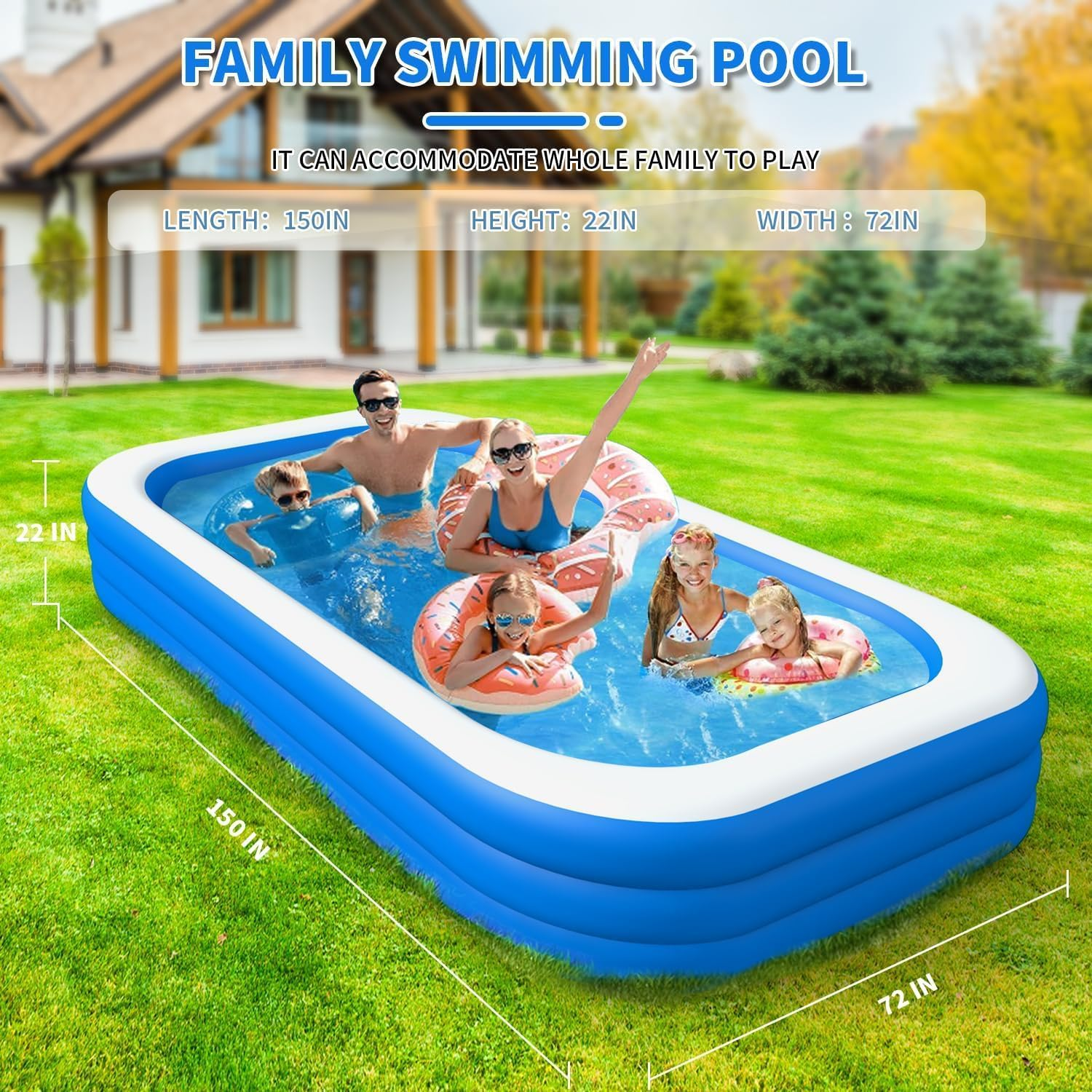 380Cm Inflatable Playing Pool, Family Rectangular Swimming Pool with Inflatable Soft Floor for Backyard, Garden, Indoor(Blue) image number 1