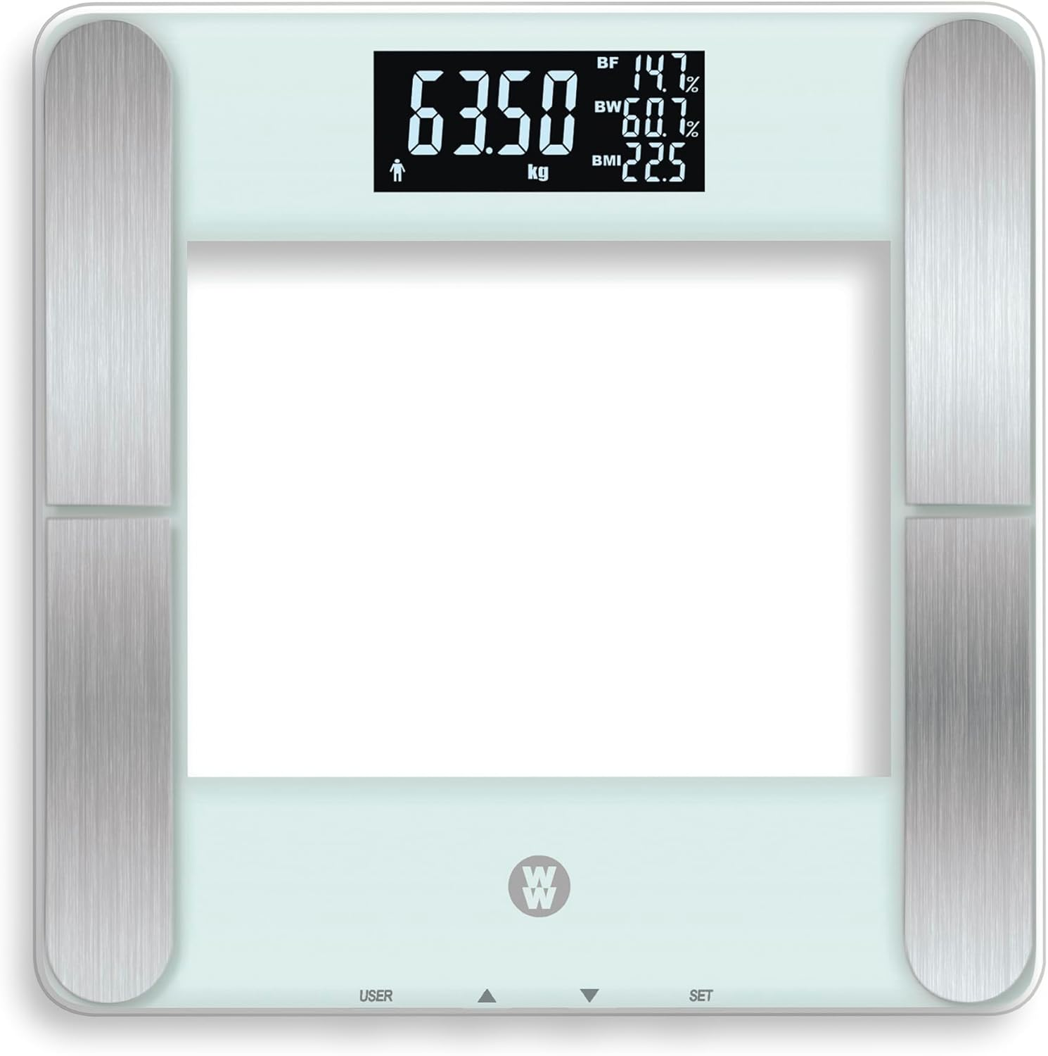 WW Body Analysis Smart Scale &ndash; Measures Weight, Body Fat, Water, Bone & Muscle Mass, BMI &ndash; 4 User Memory, Advanced Weight Tracking, Large LCD Display, 182Kg/400Lb Capacity, Tempered Glass, 10 Year Warranty