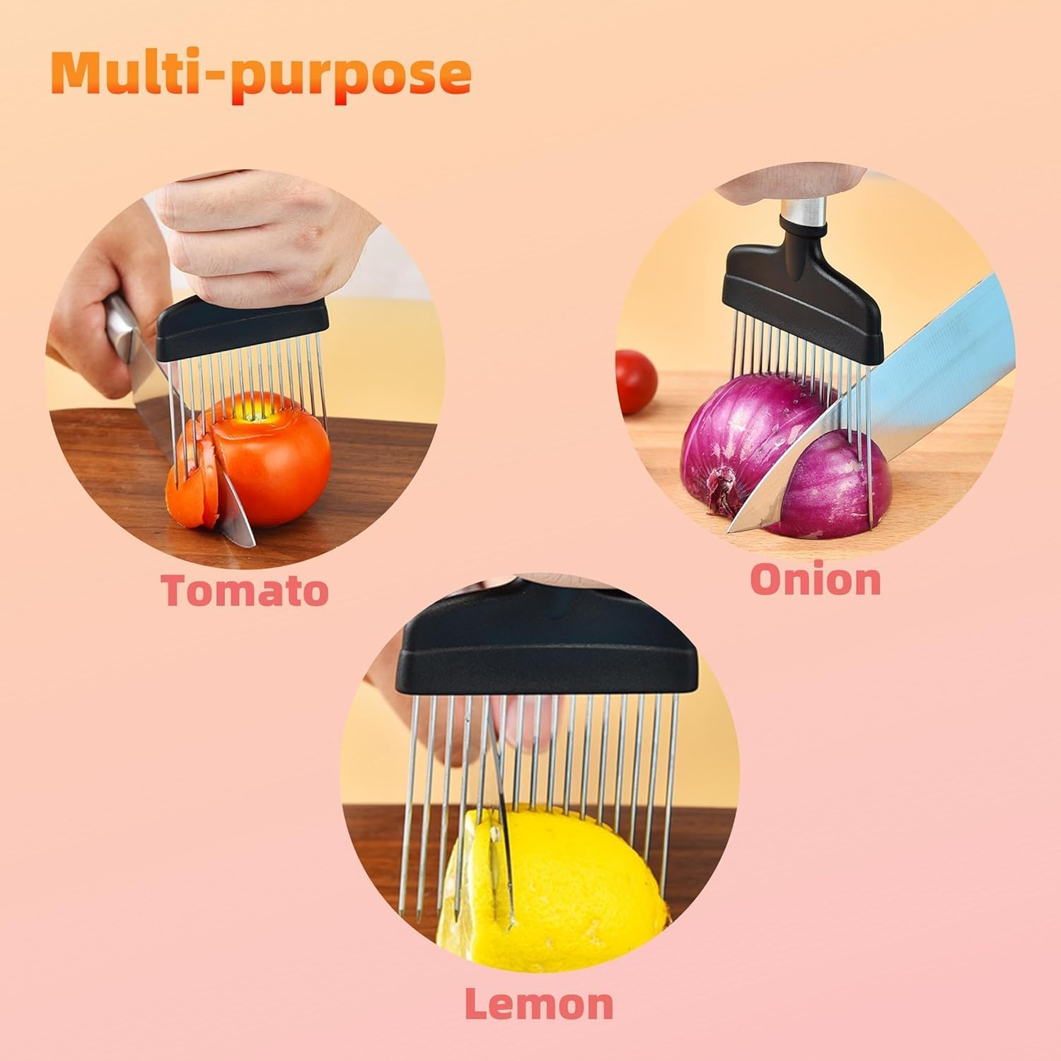 Onion Holder Forslicing, Onion and Lemon,Slicer Cutter Forslicing Kitchen Gadget, Vegetable Cutter for Potato Tomato Avocados Eggs, Foodslicer Assistant Tool For,Slicing Stainless Steel image number 5