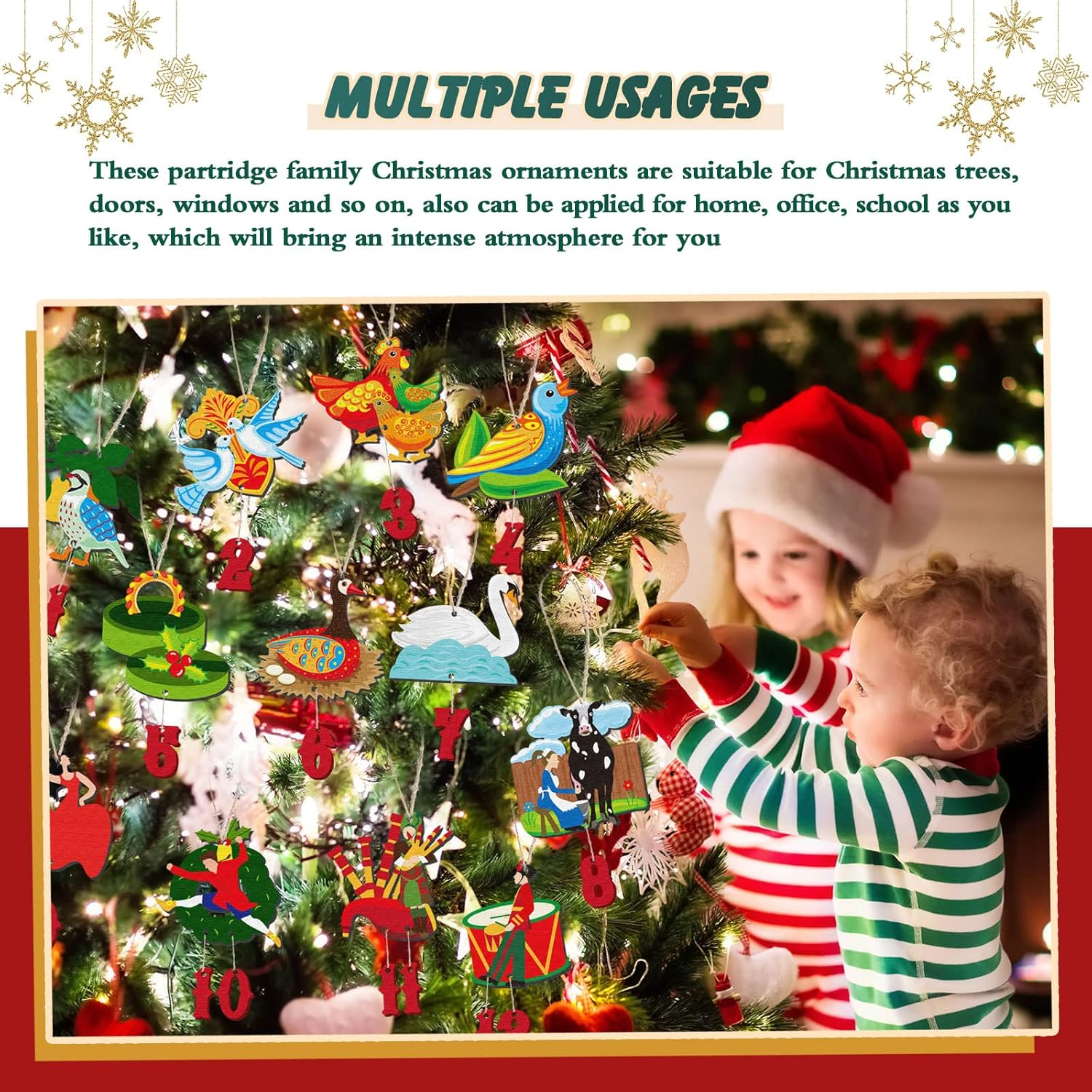 12 Pieces 12 Days of Christmas Ornaments Set Wooden Christmas Ornament 3.15 Inch Colorful Xmas Twelve Days of Christmas Ornaments Hanging Christmas Ornaments for Christmas Tree (Irregular Style) image number 6