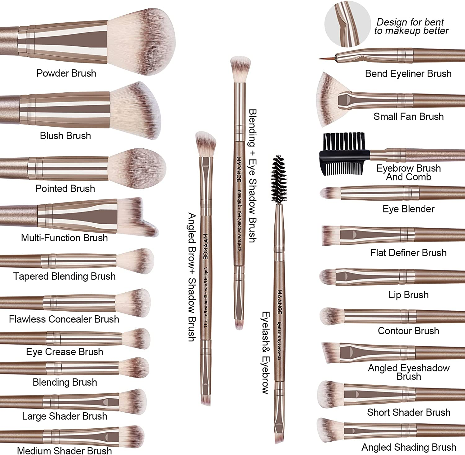 MAANGE Makeup Brush Set 23 Pcs Makeup Brushes Premium Synthetic Make up Brushes Professional Face Powder Blush Pointed Eyeshadow Blending Brush Kit, Graduation Gift (Champagne)