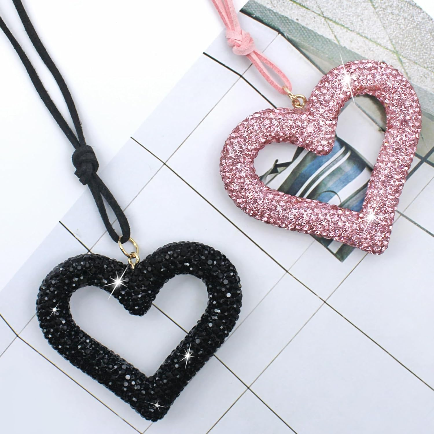 2Pcs Rear View Mirror Accessories, AIFUDA Bling Heart Car Hanging Accessories Crystal Rhinestone Auto Interior Hanger Decoration for Women Girls(Black,Pink) image number 1