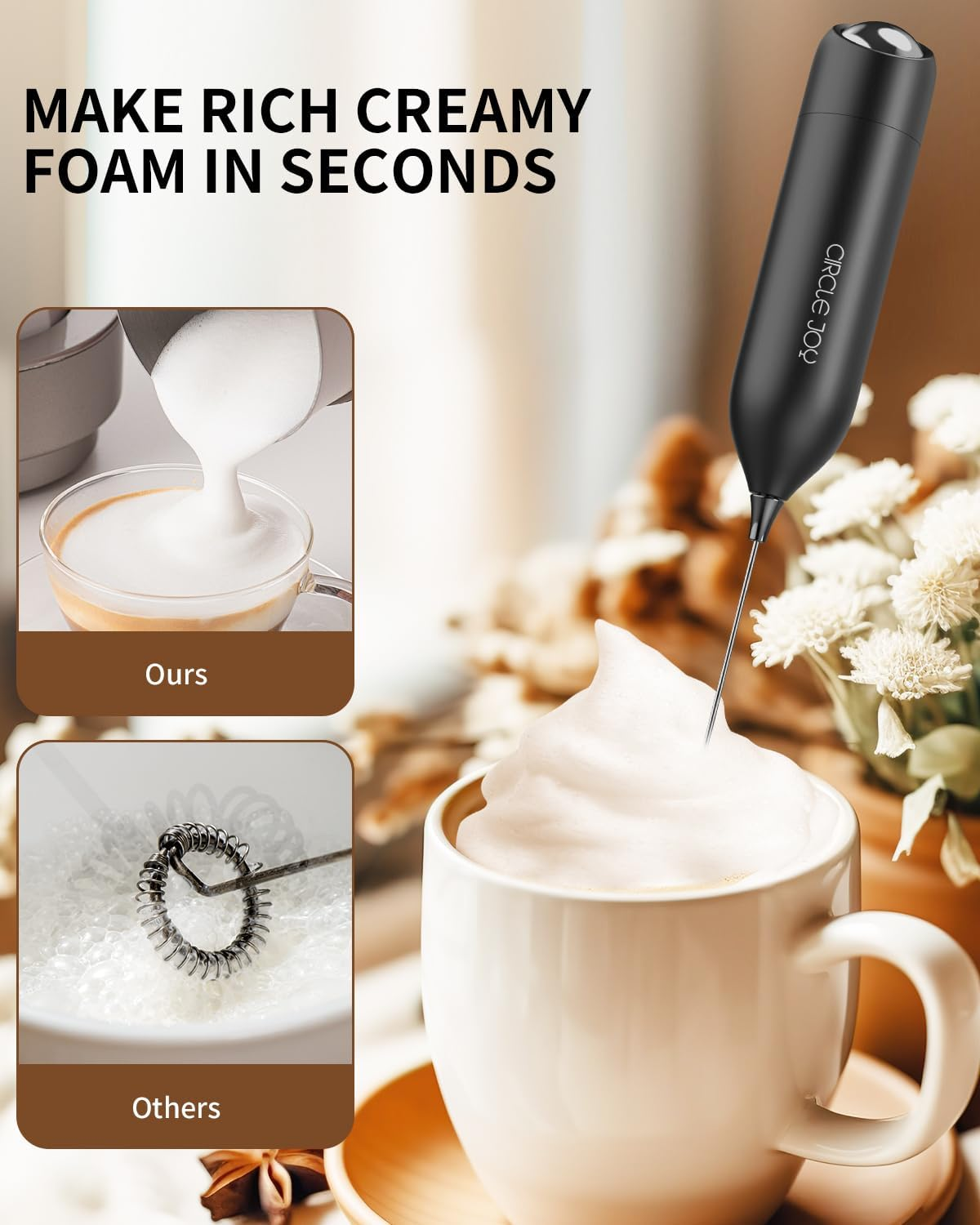 CIRCLE JOY Milk Frother Handheld with Stand Battery Operated Milk Foamer Electric Mini Drink Mixer for Coffee, Cappuccino, Lattes, Frappe, Matcha and Hot Chocolate, Black image number 6
