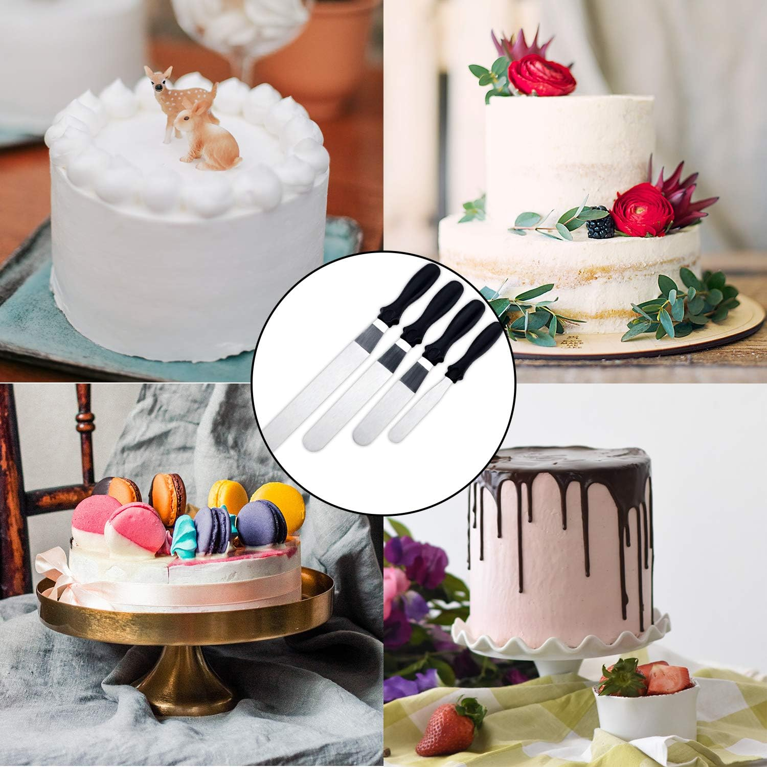 LUTER 4 Packs Stainless Steel Cake Icing Spatulas (4&rdquo;, 6&rdquo;, 8&rdquo;, 10&rdquo;) with 3Pcs Cake Smoother Scrapers Cake Spatula Set for Baking, Cake Making Supplies image number 1