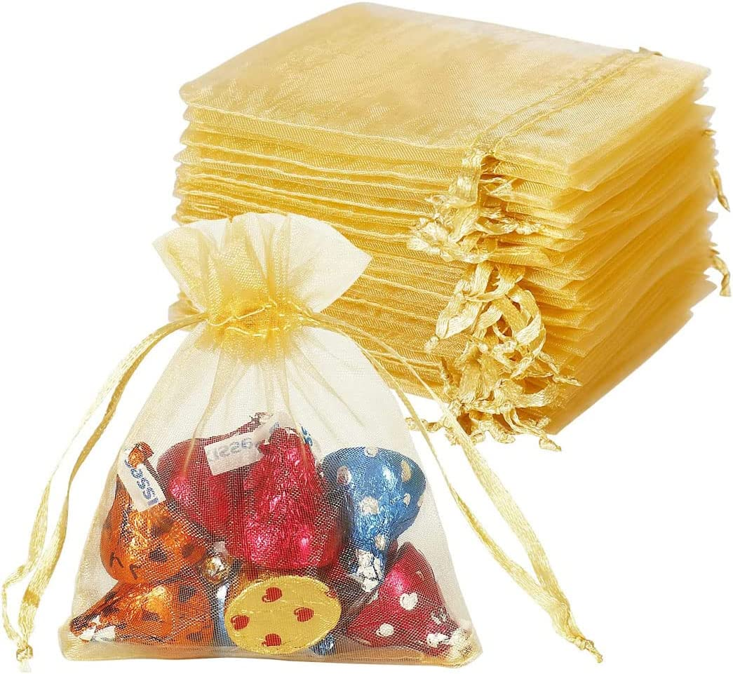 Idopick 100PCS 4X6 Inches Sheer Organza Bags, White Wedding Favor Bags with Drawstring, Small Jewelry Gift Bags for Party, Jewelry, Festival, Makeup Organza Favor Bags,Net Gift Bags,Drawstring Goody Bags (Gold)