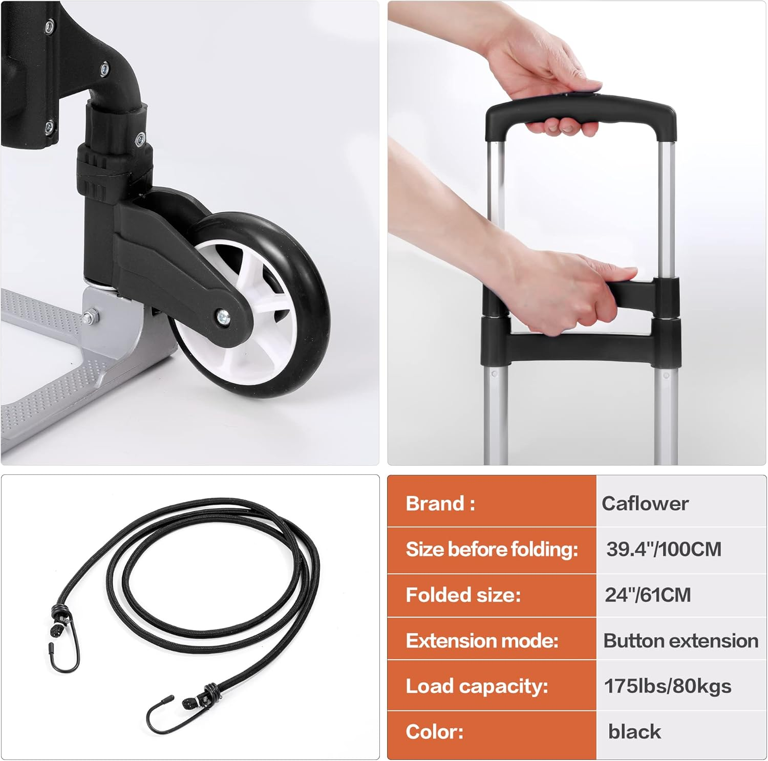 Caflower Aluminium Portable Folding Trolley, 3-Position Folding Pulley Handles, 175 Lbs Load Capacity, PVC Wheels, Home, Office, Travel Use image number 4