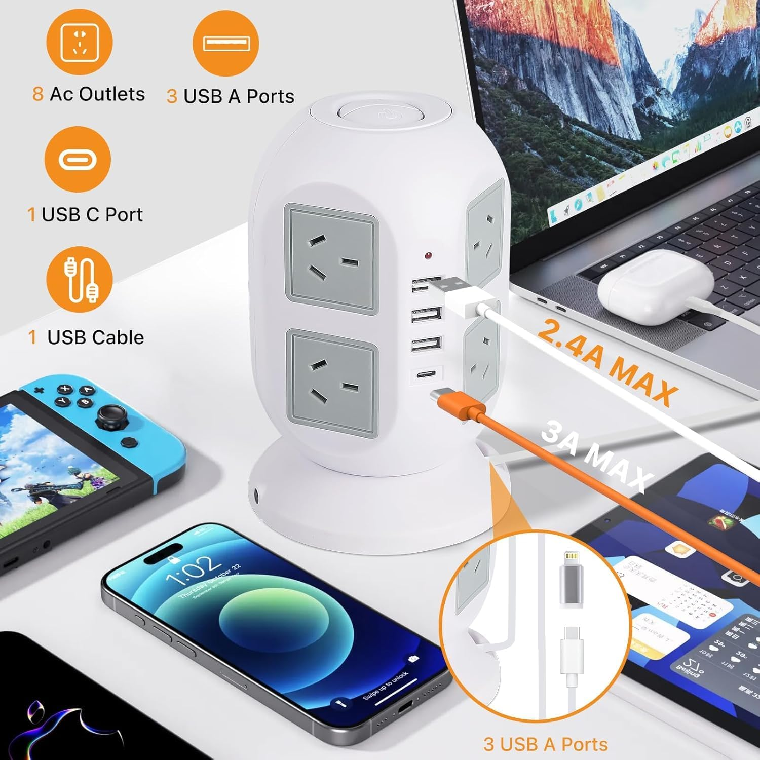 Tower Surge Protector Power Strip 10 Ft, Long Extension Cord with Multiple Outlets, 8 AC Outlets with 4 USB Ports (1 USB C), Charging Station Surge Protection, for Home Office Dorm (White) image number 3