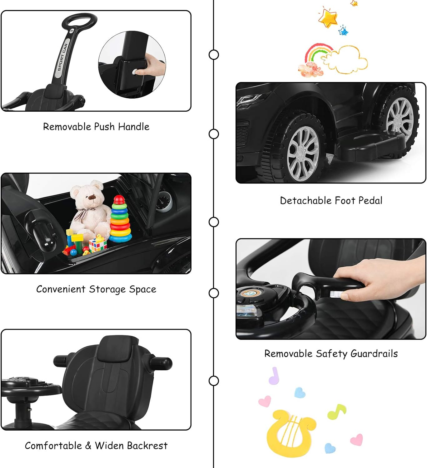 HONEY JOY 3 in 1 Kids Ride on Push Car, Stroller Sliding Walking Car with Horn, Music, Light, under Seat Storage, Push Handle, Armrest Guardrails, Push Cars for Toddlers Boys & Girls Aged 12-36 Months