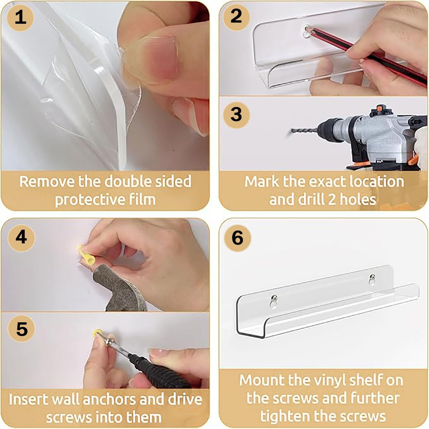 6 Pcs Vinyl Record Shelf Wall Mount, 4"/10CM Clear Acrylic CD Rack, Album Record Holder Display, Magazine Invisible Floating Shelves, Book Storage Hanger for Bathroom, Bedroom, Living Room, Kitchen