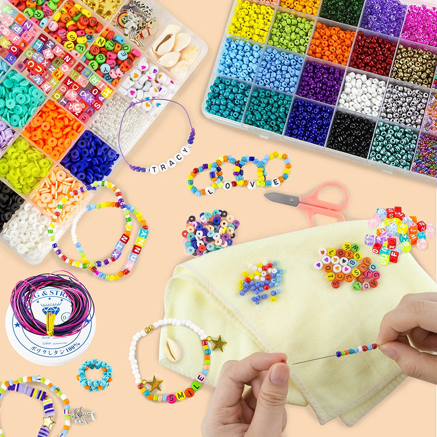 AKILION Beads for Jewellery Making Kit Includes 5500 Pcs Glass Seed Beads 2400 Pcs Flat Clay Beads 820 Pcs Alphabet Beads Pearl Beads Pendant Jewelry Wire, DIY Beading Kit, Necklace Bracelet Earring Making Kit, Arts & Drafts Supplies for Kids, Gift Set for Teens Girls image number 3