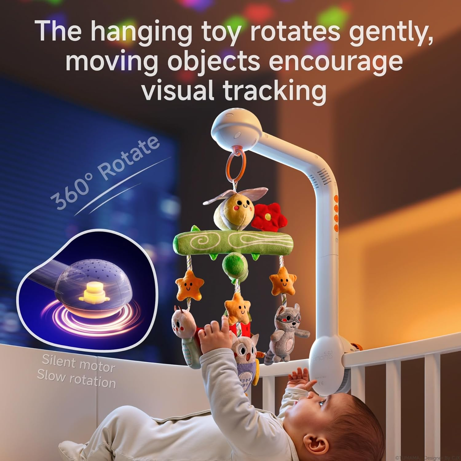 TUMAMA Baby Crib Mobile, Music and White Noise, Mute Spin Motor Nursery Toys with Projection Night Light, Soft Plush Mirror Hanging Toys for 0 Month+ Baby