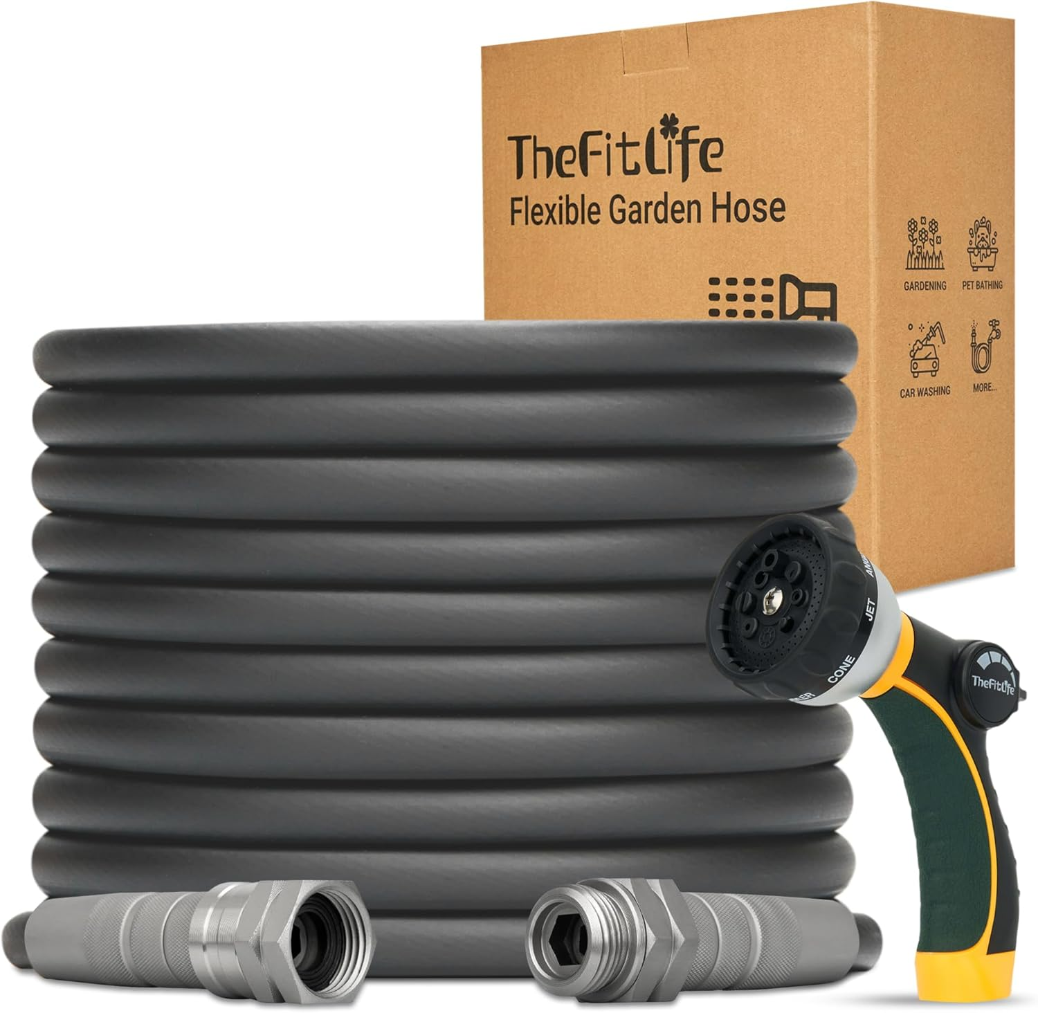 Thefitlife Garden Hose 50Ft - Flexible Water Hose with Nozzle and Metal Fittings, High Pressure X 1/2" Outdoor Hose for Reel Cart, Sprinkler, Easy Storage, Leak Proof image number 3