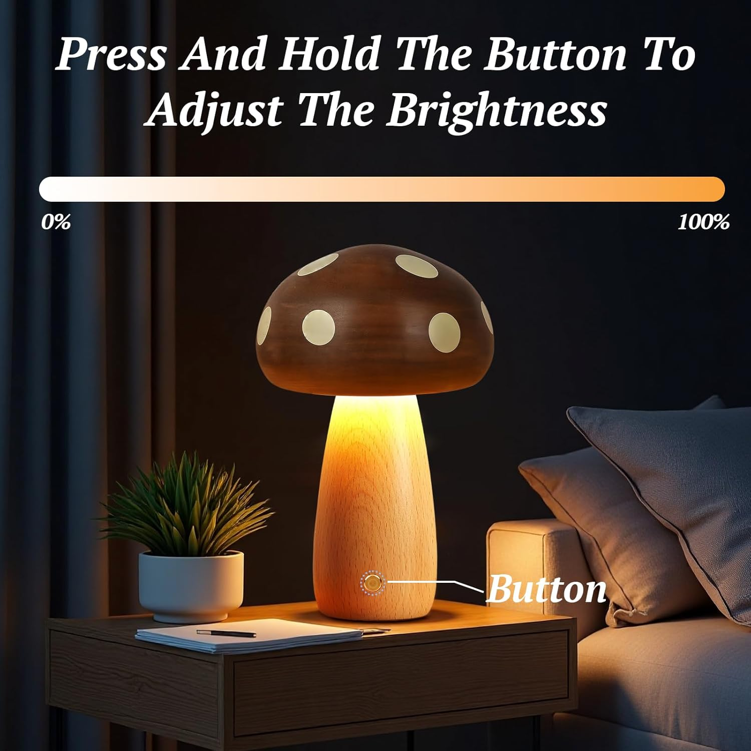 RUIOMII Touch Cordless Mushroom Lamp,5 Levels Brightness Small Wood Mushroom Night Light for Bedside Bedroom Home Include USB-C Port Charging Cable image number 5