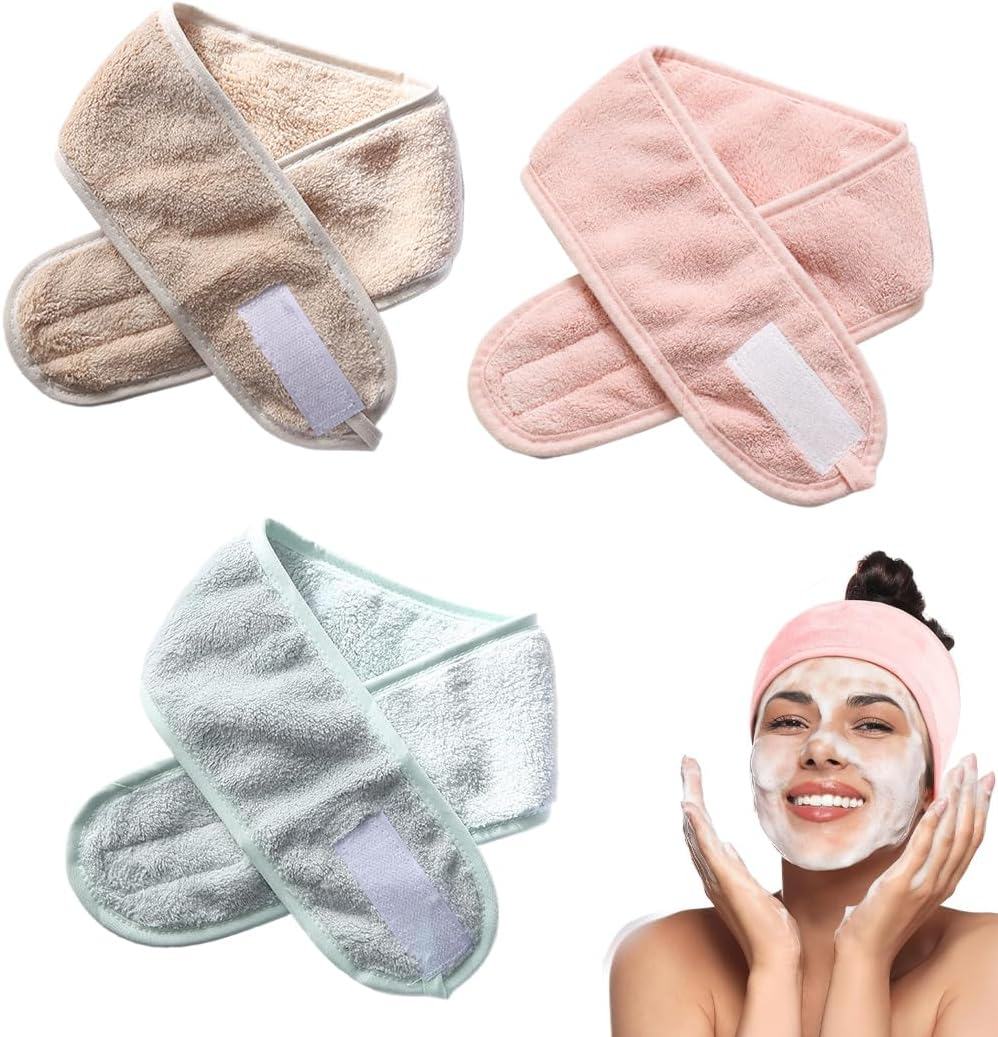 SGERUFZ Pack of 3 Face Wash Headbands, Coral Fleece Elastic Makeup Headband (Green, Pink, Light Beige) image number 4