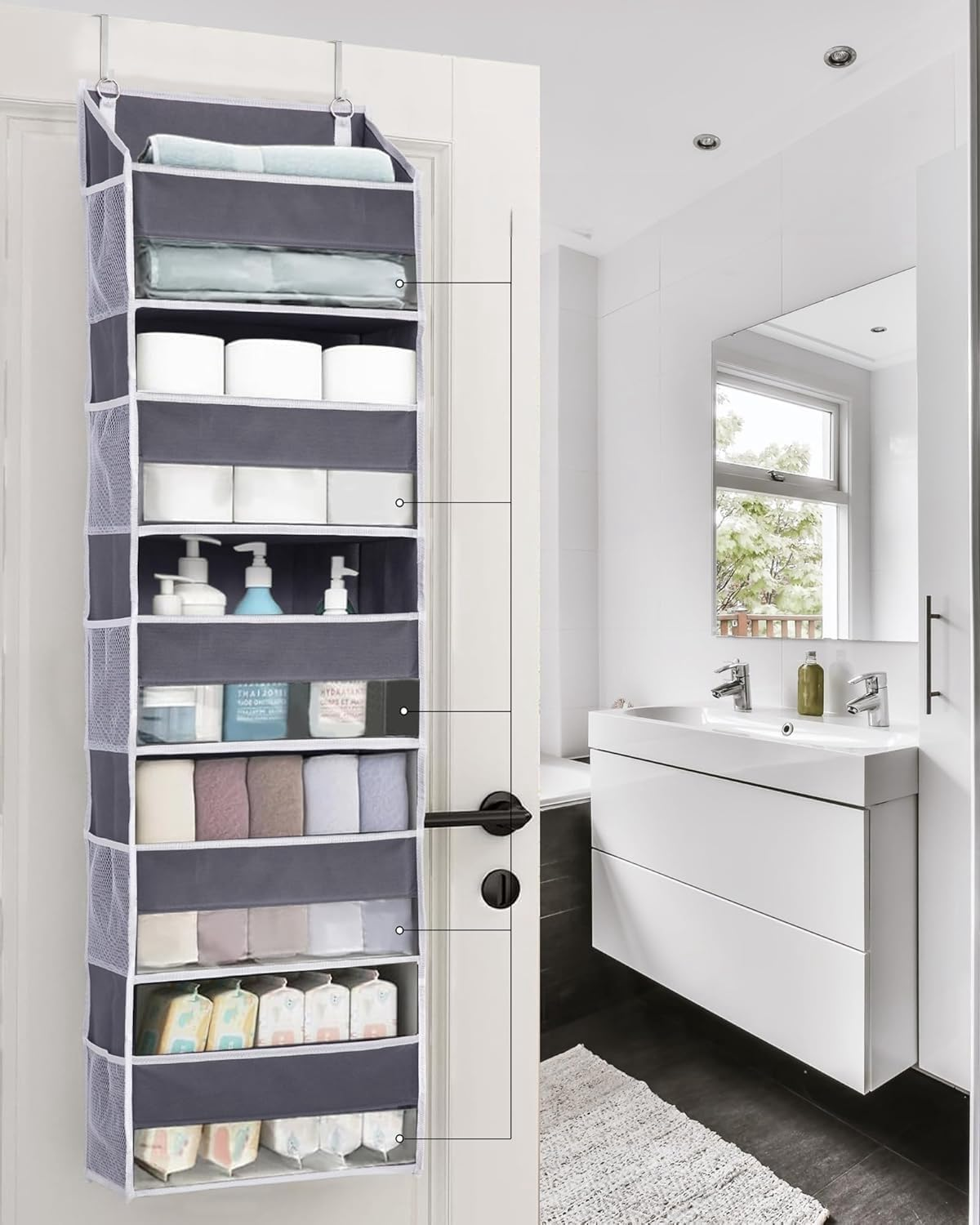 Maximize Space with 1 Pack over Door Organizer - 5 Large Pockets & 10 Mesh Side Pockets for Kids Toys, Shoes, Diapers - 44 Lbs Capacity in Dark Grey, 5 Layers with Clear Window! image number 3