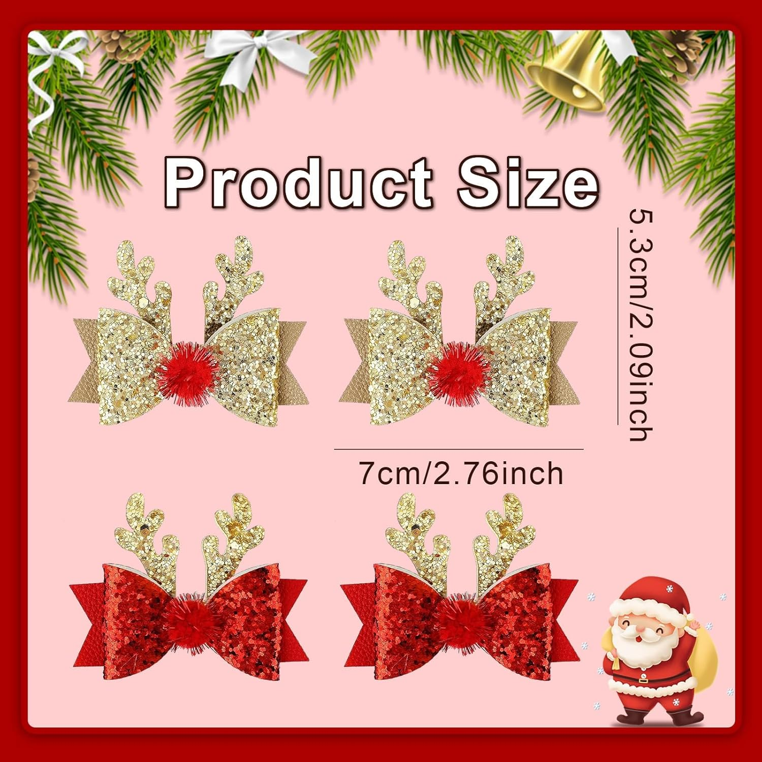 Pack of 4 Christmas Bow Hair Clips, Hair Clips, Hair Accessories, Christmas, Cute Reindeer Antlers Headband, Ears, Hair Accessory, Antlers Headpiece, Hair Pin for Women, Girls, Children image number 6