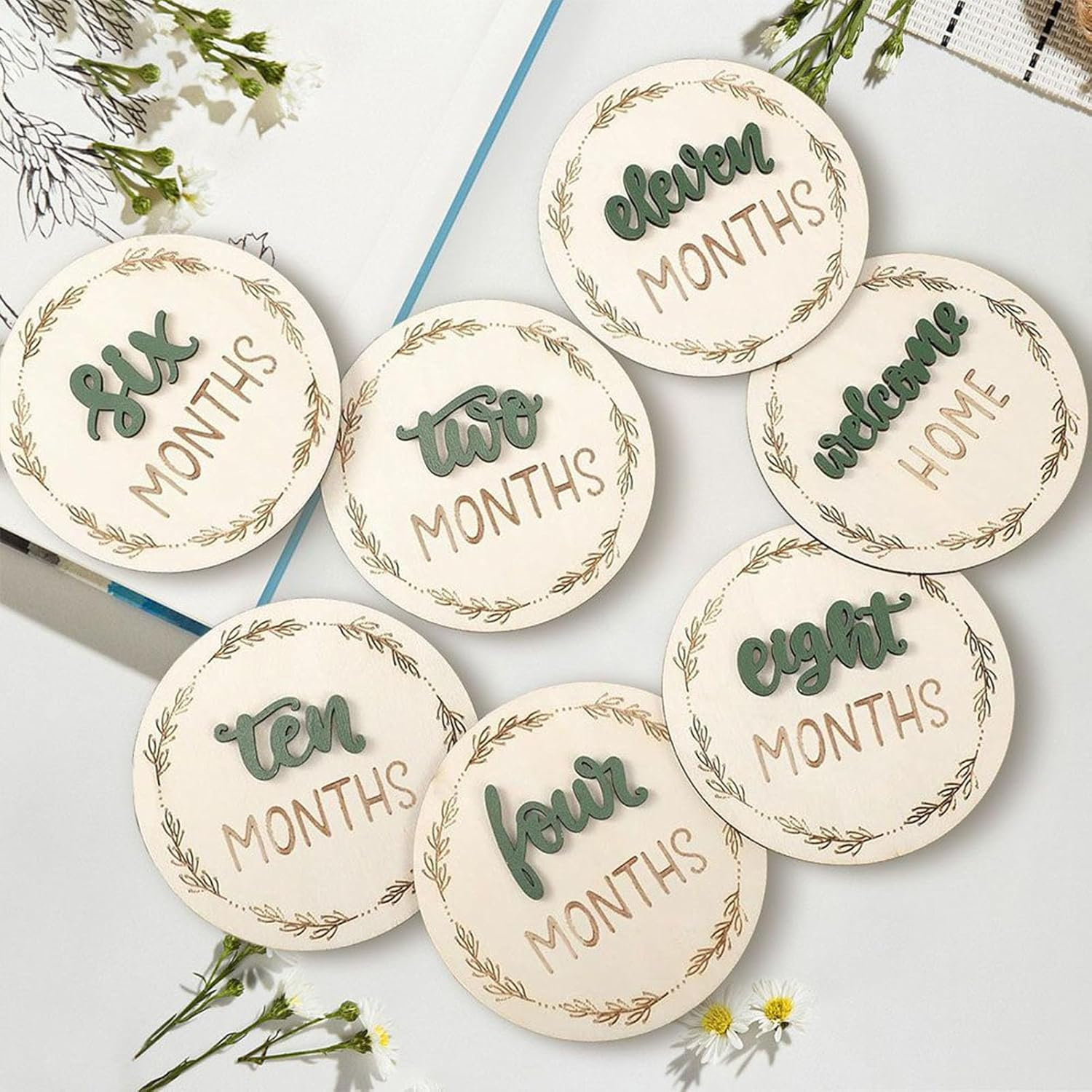 Baby Growth Indicators - Pack of 7 Wooden Picture Circles for Babies - Reusable Decoration & Photo Accessories for Children'S Room Living Area - Pink image number 5