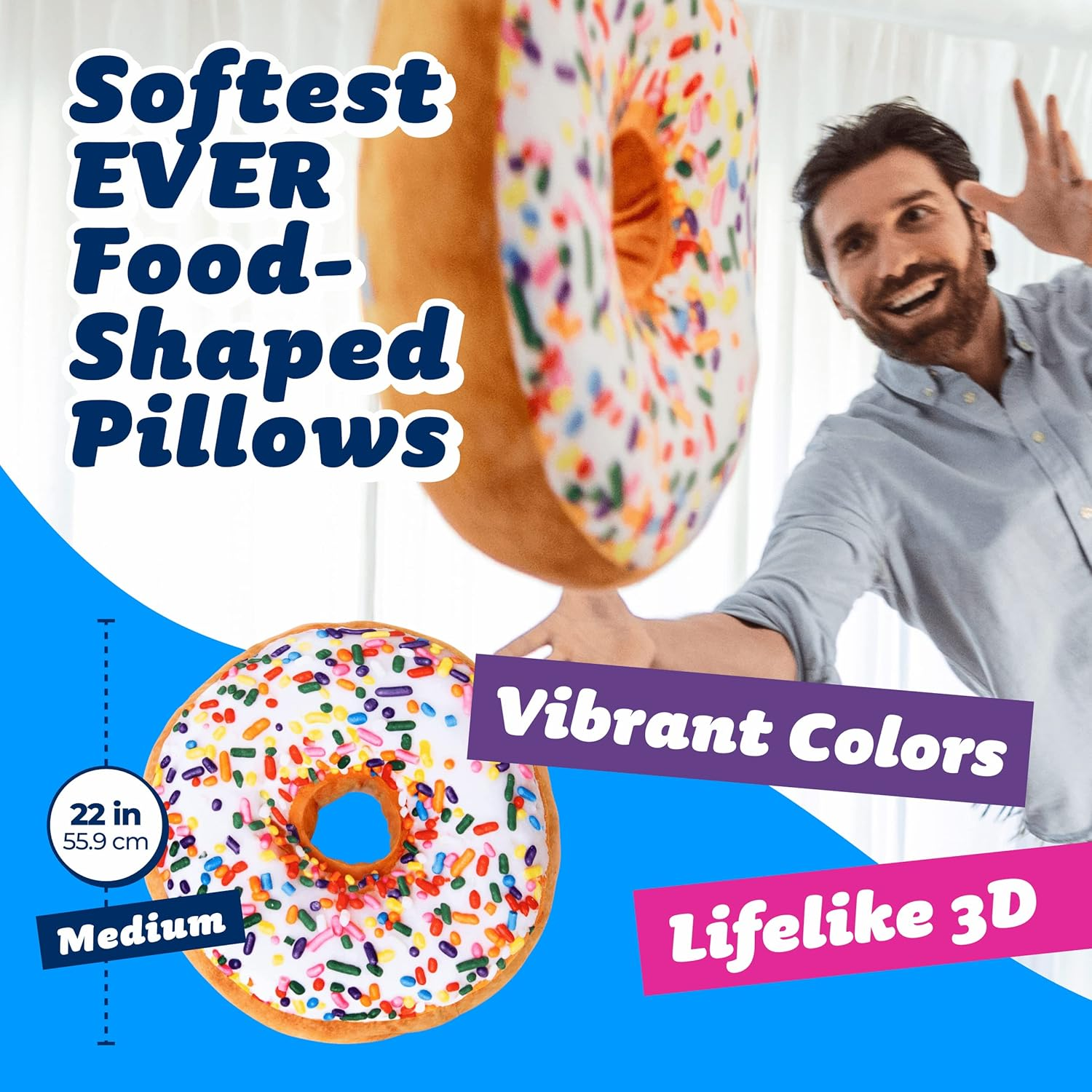 Much Comfort 22" 3D Sprinkle Donut Throw Pillow - Made with Super Soft & Ultra Premium Fabric - Cute, Comfortable, Plush Stuffed Doughnut Cake Cushion for Home Decor - Best Funny or Teen Gift - Medium image number 3