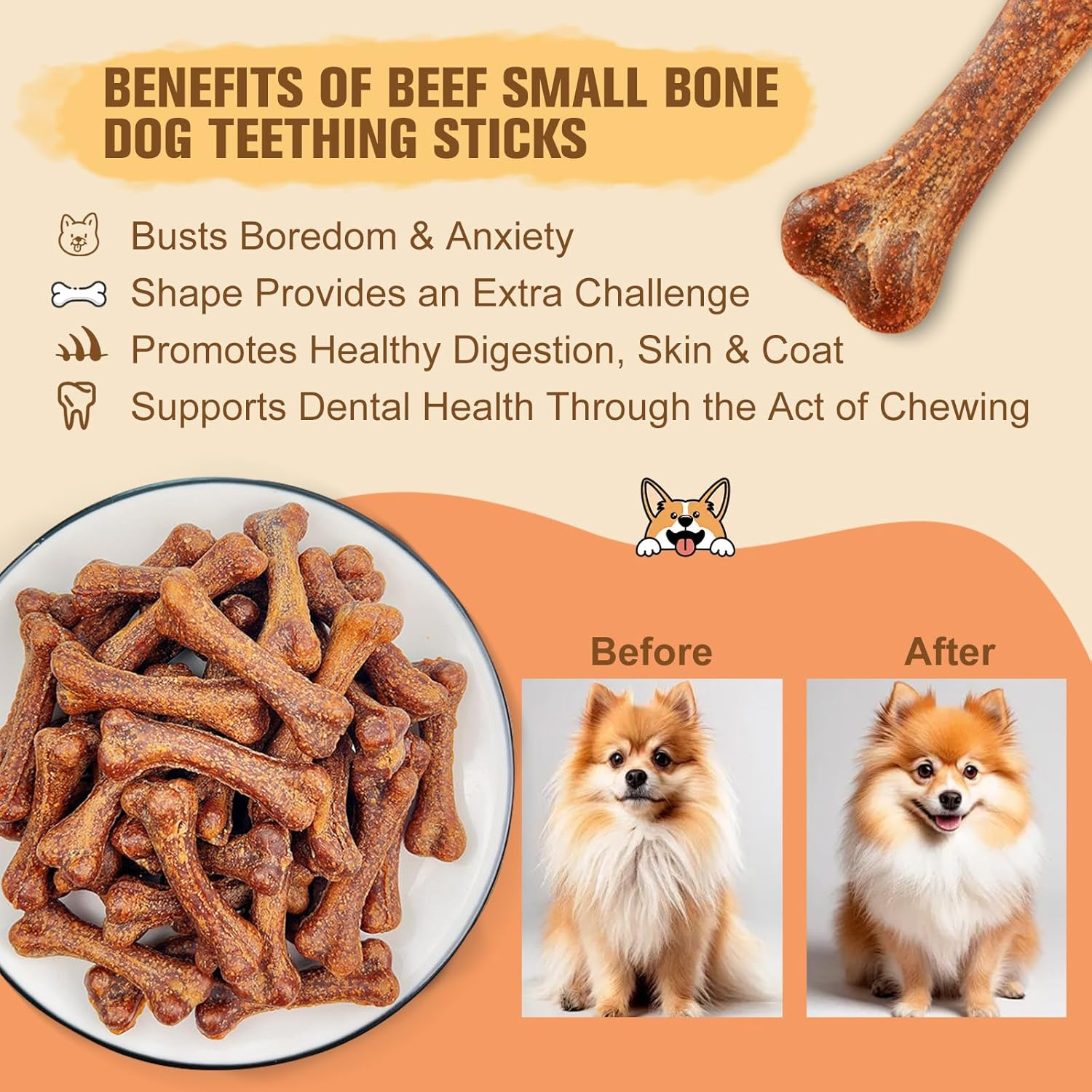 Dental Chew Sticks for Dogs - Beef Flavor Teeth Cleaning Treats, Plaque & Tartar Control, Long-Lasting Chew Toy for Small to Medium Dogs, Healthy Teeth Cleaning Treats