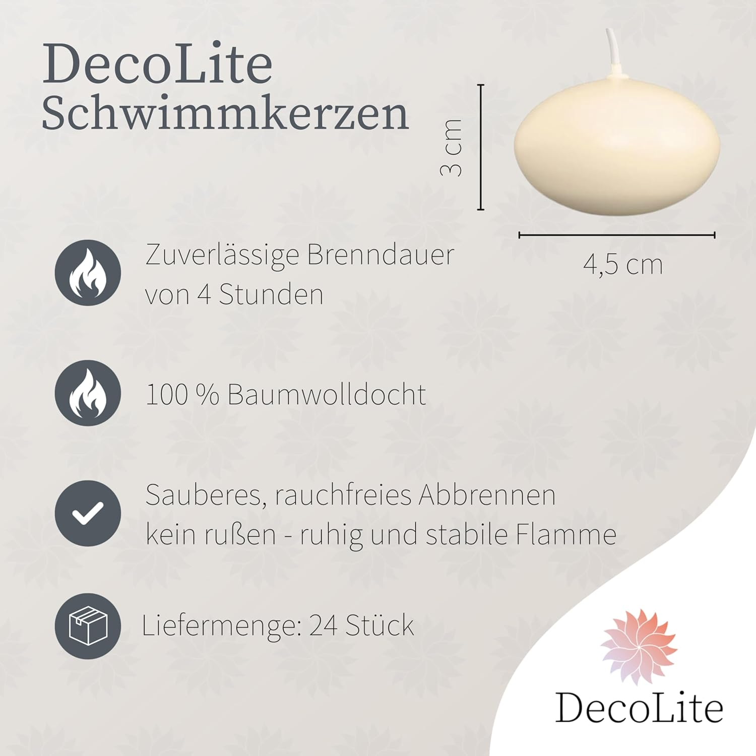 24 X Decolite Floating Candles, 30 X 45 Mm, White & Ivory, Floatable, RAL Certified, Soot-Free & Drip-Free, Decoration for Wedding, Summer Party, Wellness, Table Decoration, Practical (Cream) image number 2