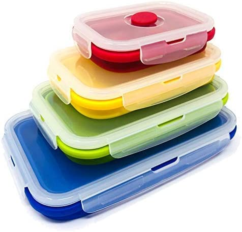 Set of 4 Collapsible Silicone Food Storage Container, Leftover Meal Box for Kitchen, Bento Lunch Boxes, BPA Free, Microwave, Dishwasher and Freezer Safe. Foldable Thin Bin Design Saves Your Space. image number 2