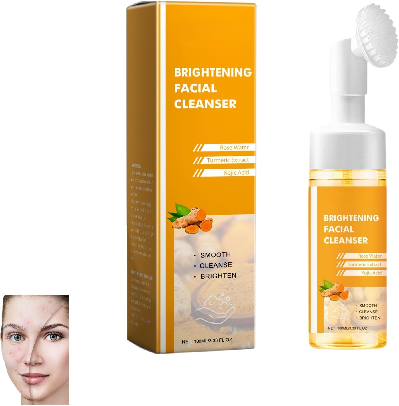 Turmeric Face Wash with Brush, Foaming Facial Cleanser for Deep Cleansing and Exfoliating, Brightening & Moisturizing Turmeric Cleanser for Women & Men, Gentle for All Skin Types (6Pcs)