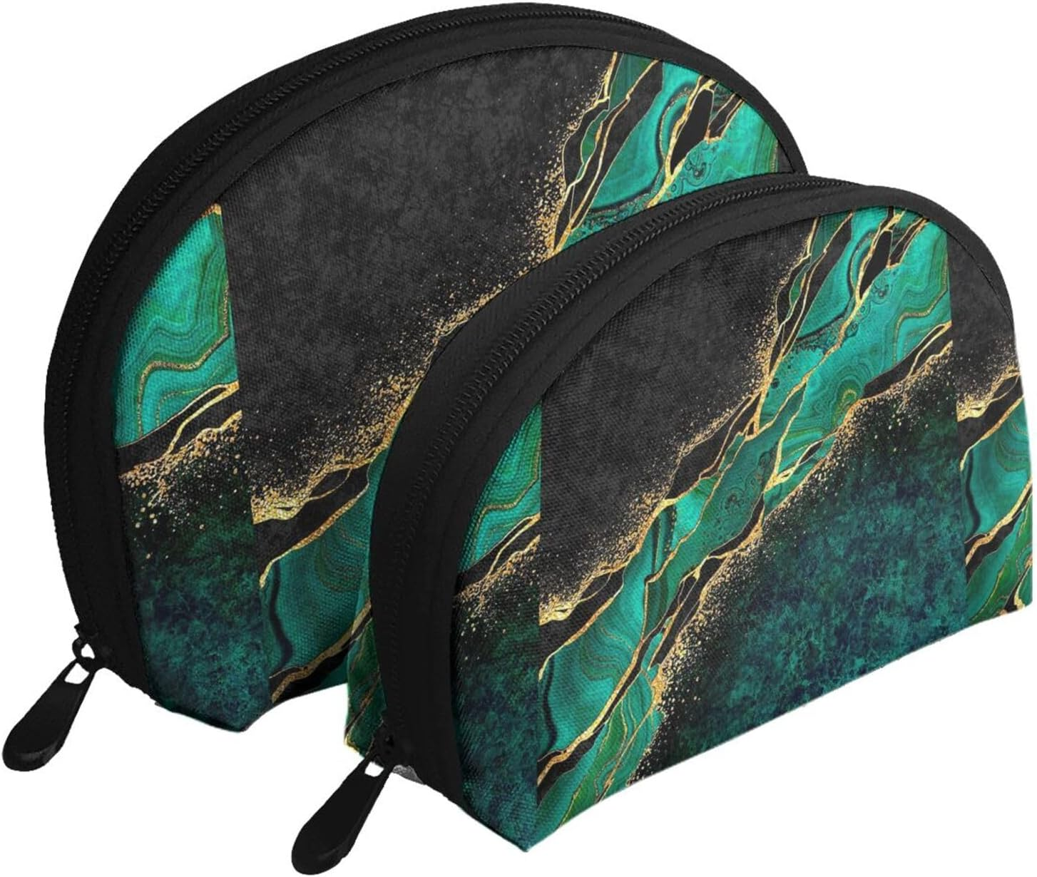 Cozimangoe Coin Pouch Makeup Bags Set, 2 Piece Shell Shape Cosmetic Bag with Pockets for Daily Travel Handbag Lipstick Keys Toiletry, Personalized Black Teal Marble & Malachite with Veins Gold Spots image number 3