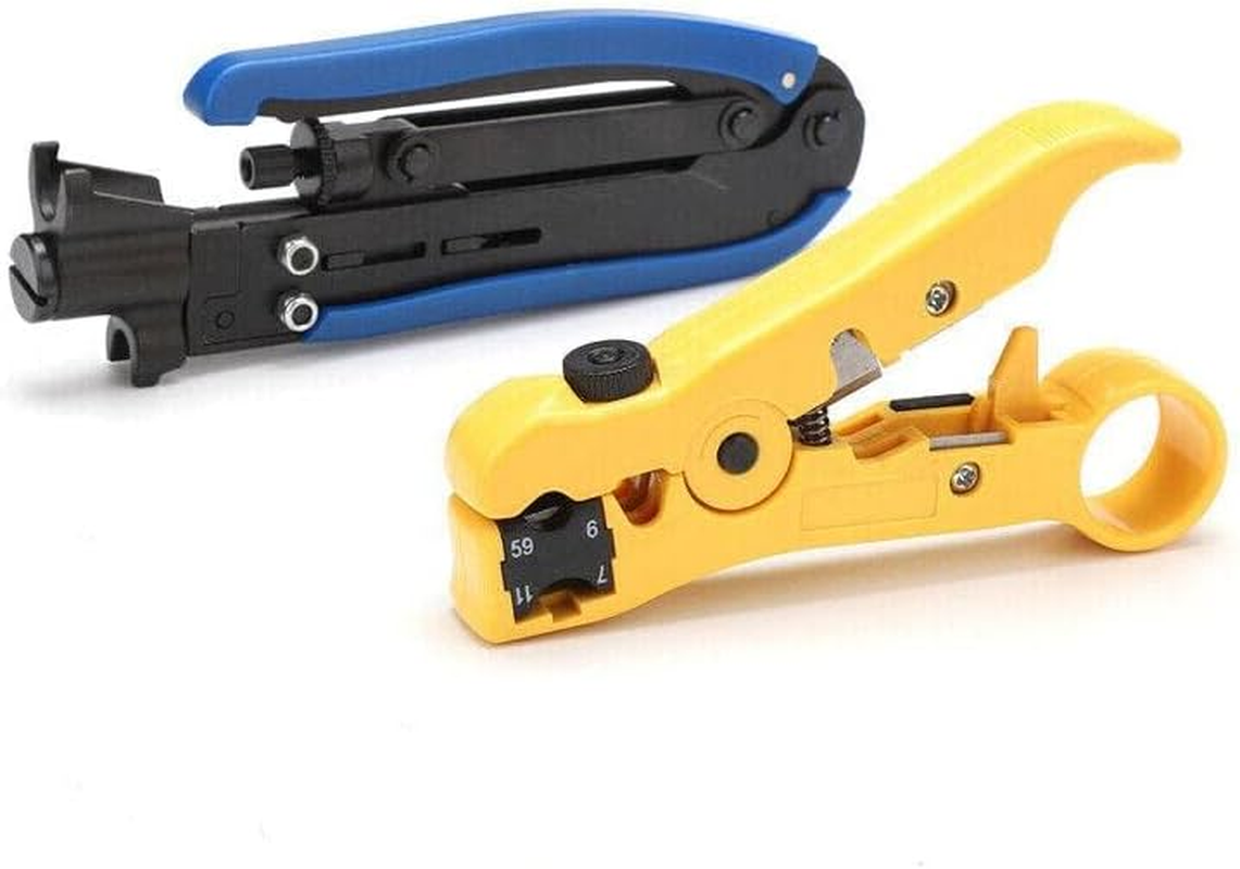 AIMALL 2PCS RG6 RG11 RG59 F Type Compression Coax Coaxial Cable Crimper Stripper Tool Kit, Adjustable Blade Depth, with Rotating Compass for Cable Insulation, Blue and Yellow image number 3