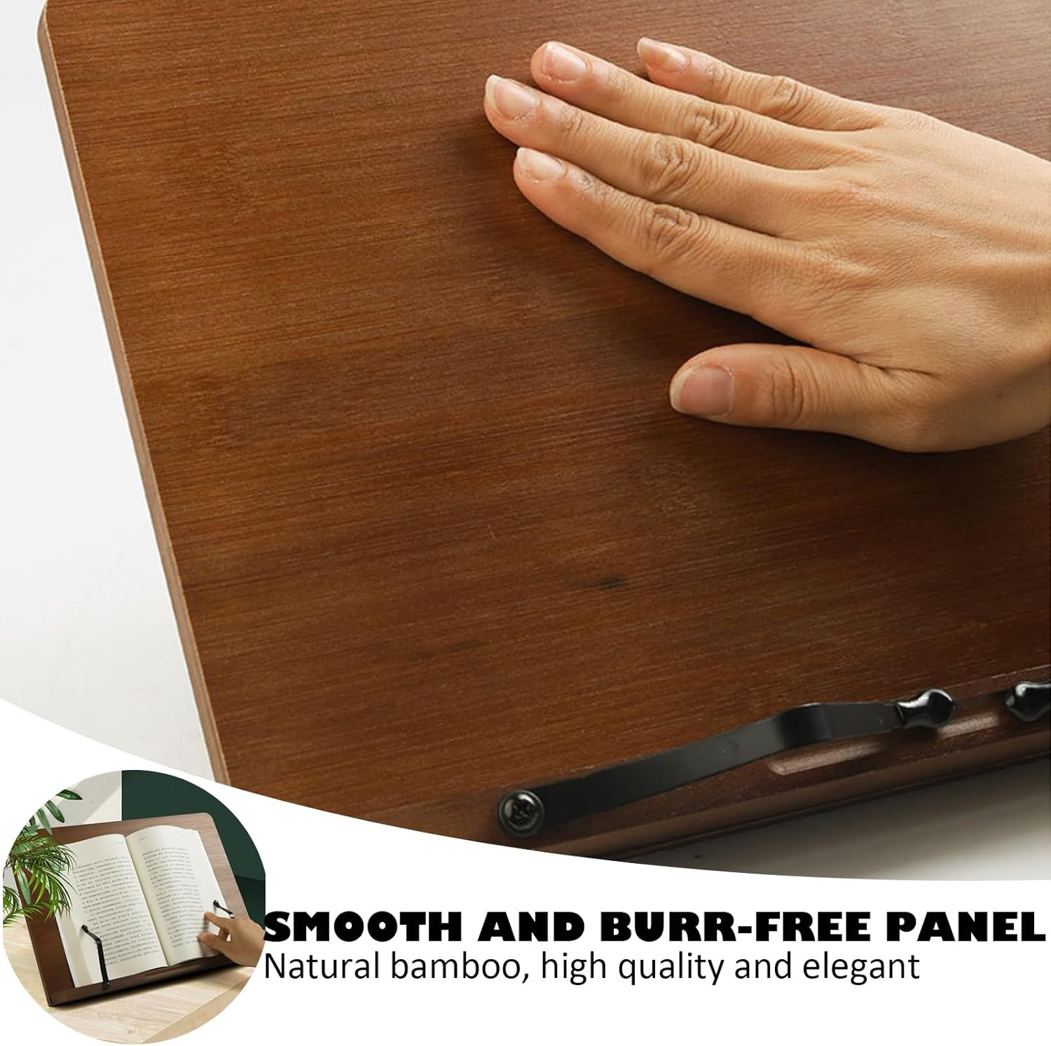 Book Stand for Reading Bamboo Cookbook Stand for Kitchen Adjustable Foldable Book Holder with Page Holder Clips Height Adjustable for Tablet Textbook Laptops Music Books Documents (Medium Brown) image number 2