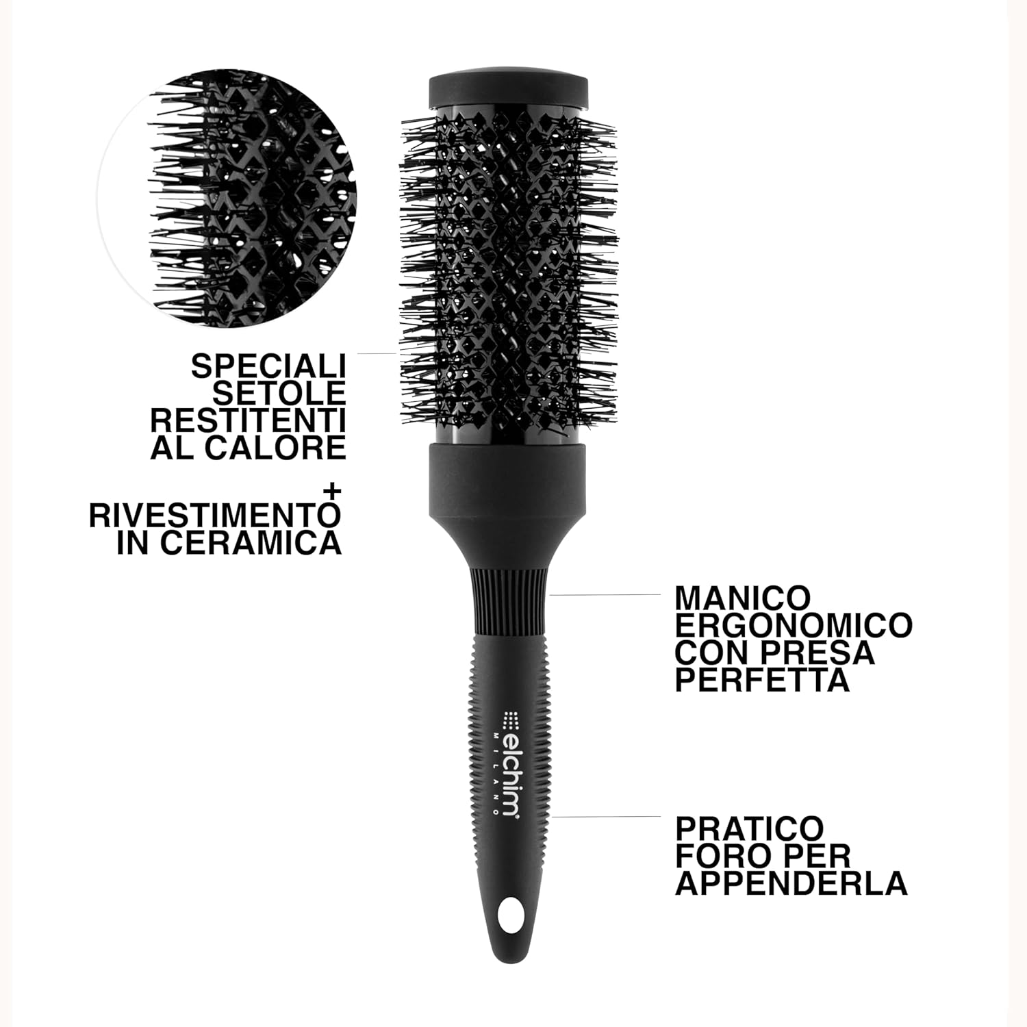 Elchim Large Professional Hair Brush 42 Mm - round Thermal Brush with Very Resistant Nylon Bristles, for Drying, Creasing, anti Static