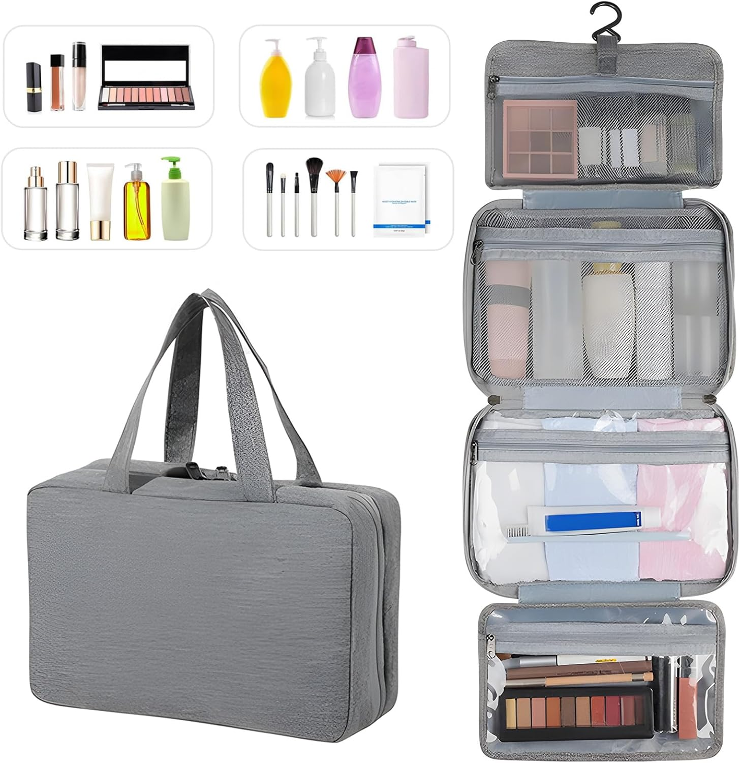 Travel Toiletry Bag with Hanging Hook - Spacious Makeup Organizer,Travel Essentials for Women & Men,Big Comparment, Waterproof for Shampoo, Conditioner, Brushes Set, Makeup Accessories, Grey image number 2