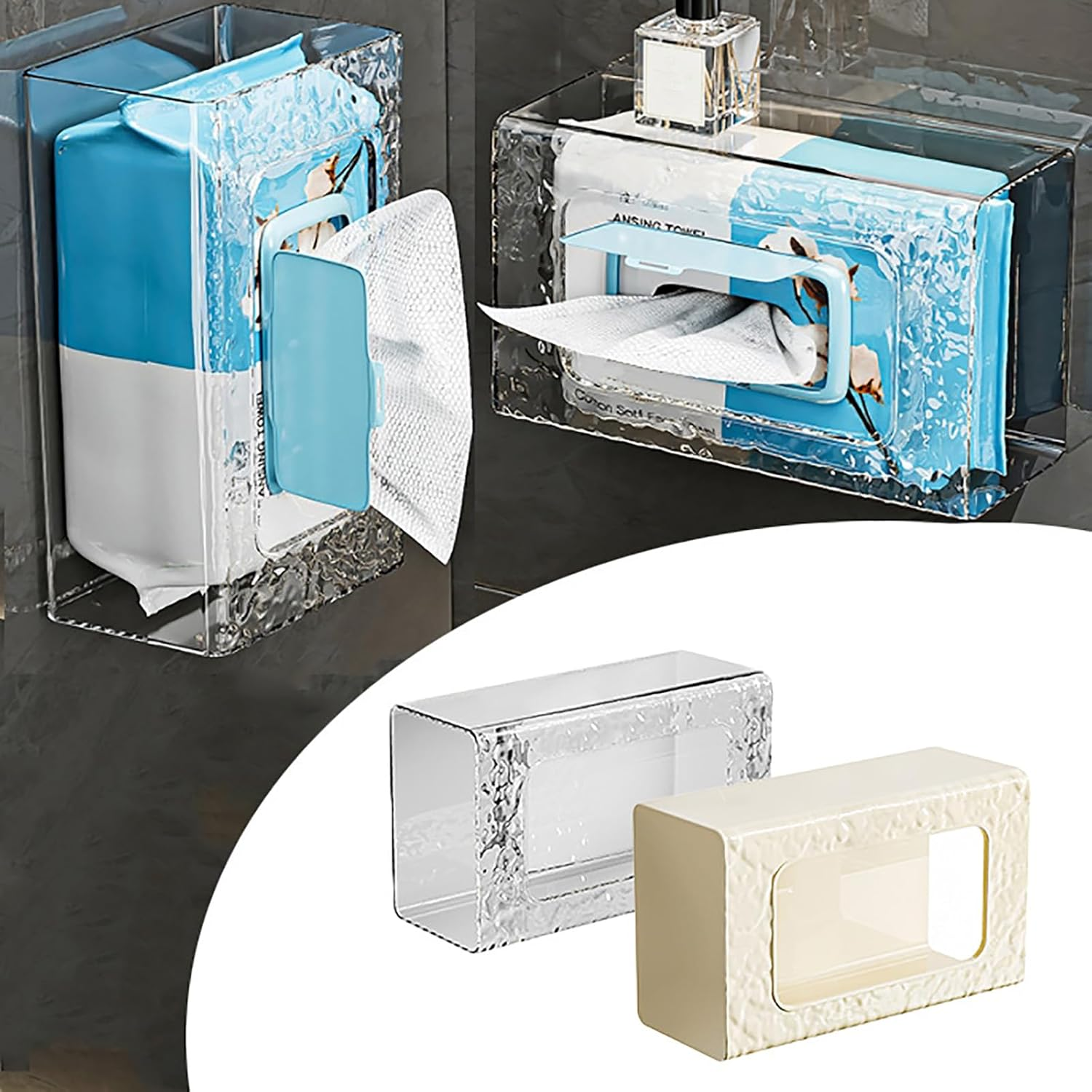 Wall Mounted Tissue Box Holder, No Punching Self-Adhesive Wipes Holder for Bathroom,Clear Acrylic Tissue Box Holder,Wet Wipes Dispenser for Kitchen Toilet,Waterproof (Transparent 1 PCS)