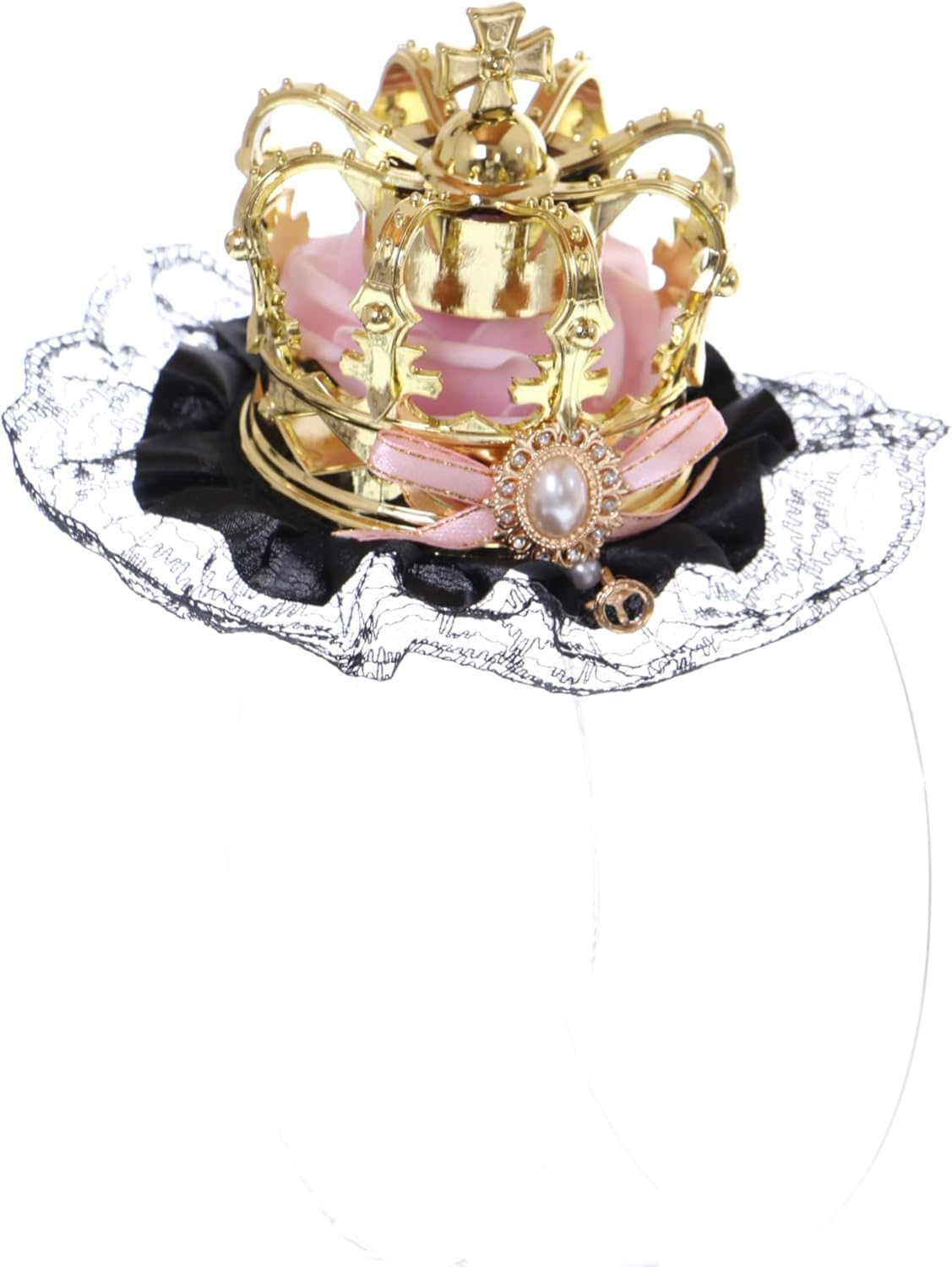 C-107-1 Gold Crown Pink Rose Bow Black Lace Ruffle Gothic Lolita Party Celebration Hair Accessory Clip, Einheitsgr&ouml;&szlig;e, Polyester Plastic