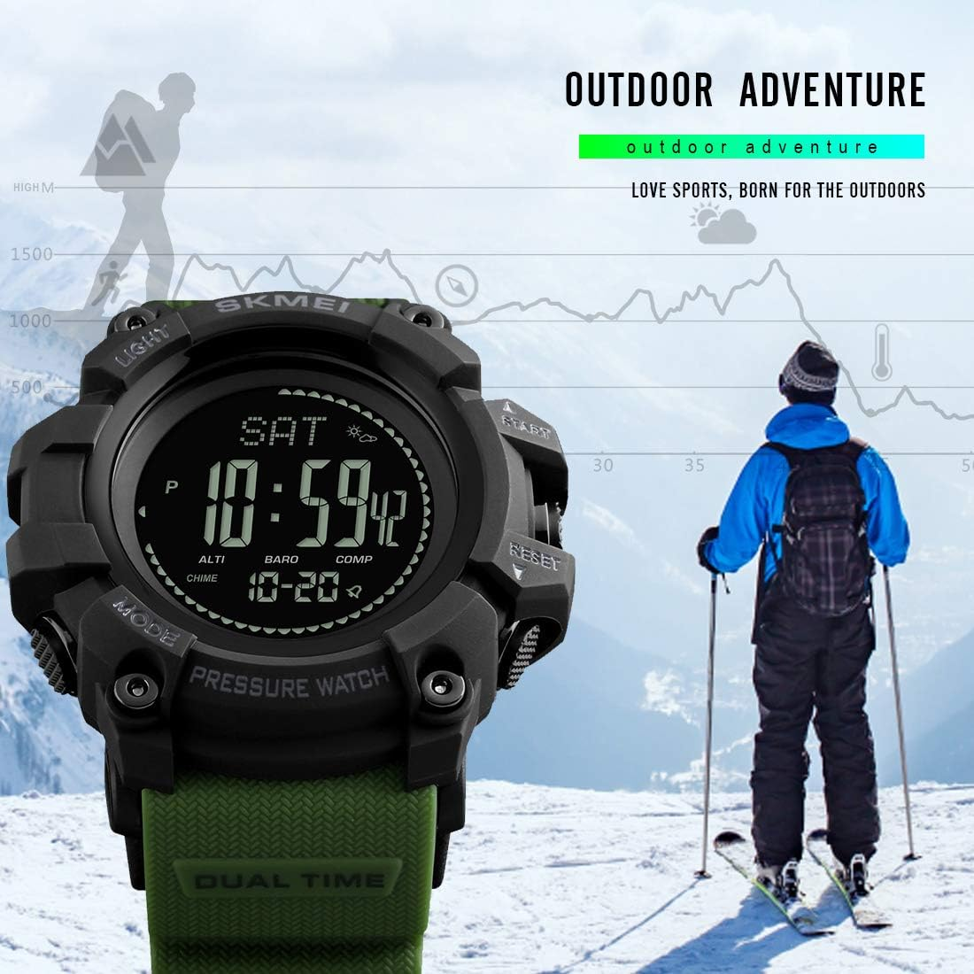 Compass Watch Army, Digital Outdoor Sports Watch for Men Women, Pedometer Altimeter Calories Barometer Temperature Waterproof image number 5