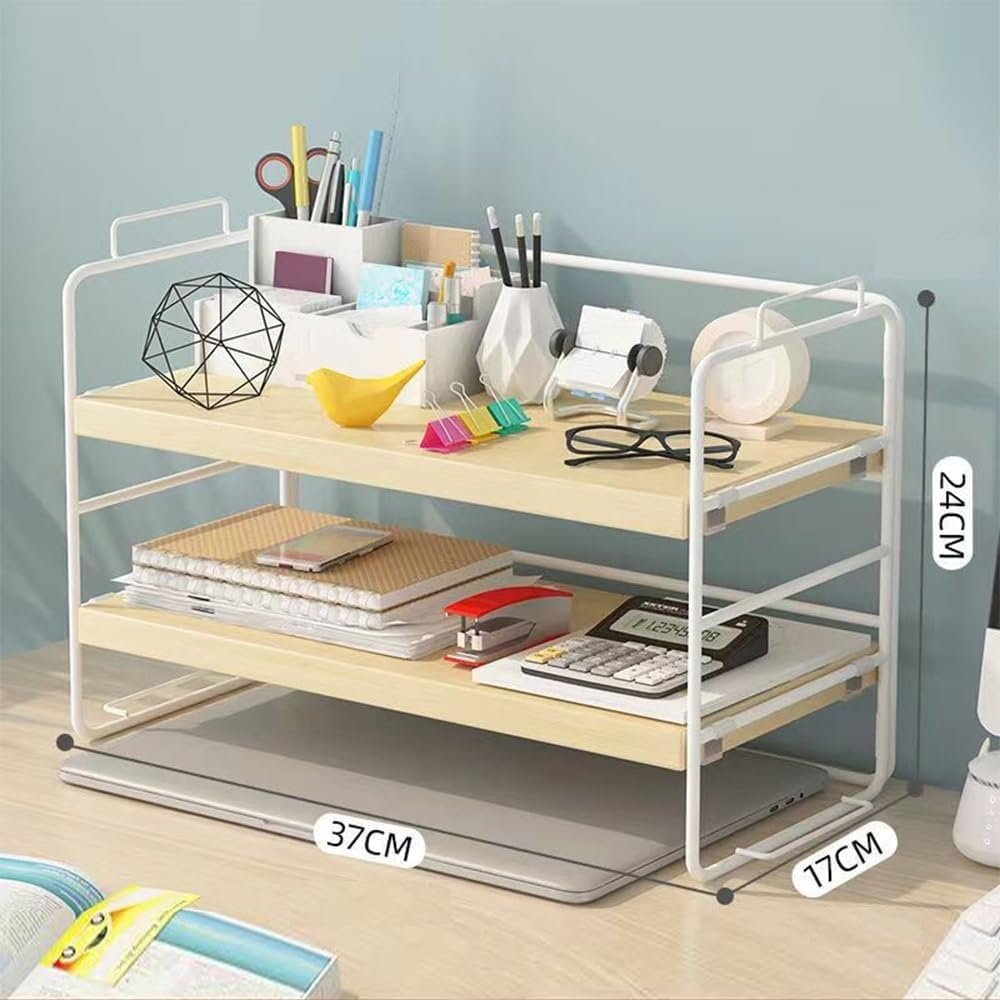 Joiena Desktop Bookshelf 2 Tier Organizer, Adjustable Wood Desktop Bookcase Office Desk Display Storage Shelf Rack, Plant Stand, Decor for Kids, Office Kitchen Living (White) image number 2