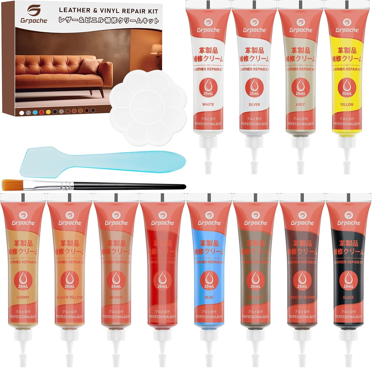 Grpoche Leather Repair Kit, 12 Colors Leather Vinyl Repair Kit for Furniture, Couches, Jacket, Sofa, Boat, Car Seat, Purse, Belt, Shoes, Scratch Filler Kit (12 Pcs Leather Repair Kit (20 ML) image number 6