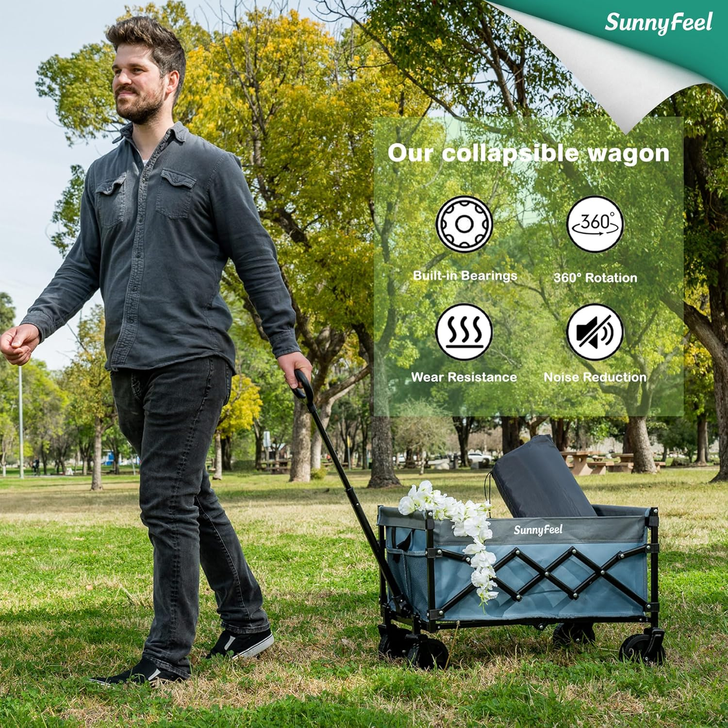 Sunnyfeel Heavy Duty Collapsible Outdoor Utility Wagon Cart 300LB Capacity Adjustable Handlebar,Foldable Beach Wheels Stable Durable Oxford Fabric for Shopping Garden Camping (Black 28*18*36 Inch) image number 6