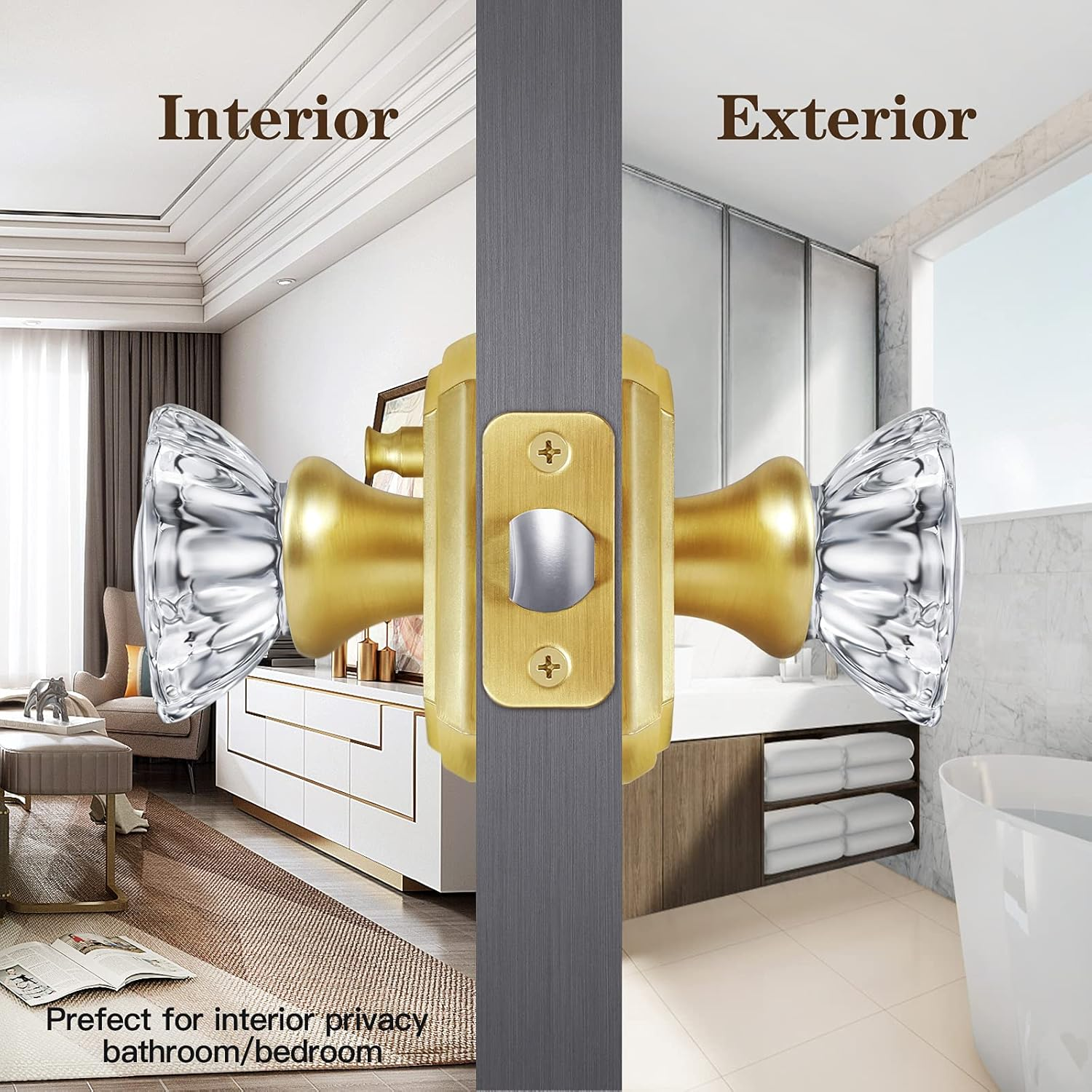 CLCTK Premium Glass Door Knobs, Bathroom Bedroom Door Knobs with Lock, Privacy Gold Door Knob Interior, Satin Brass image number 4