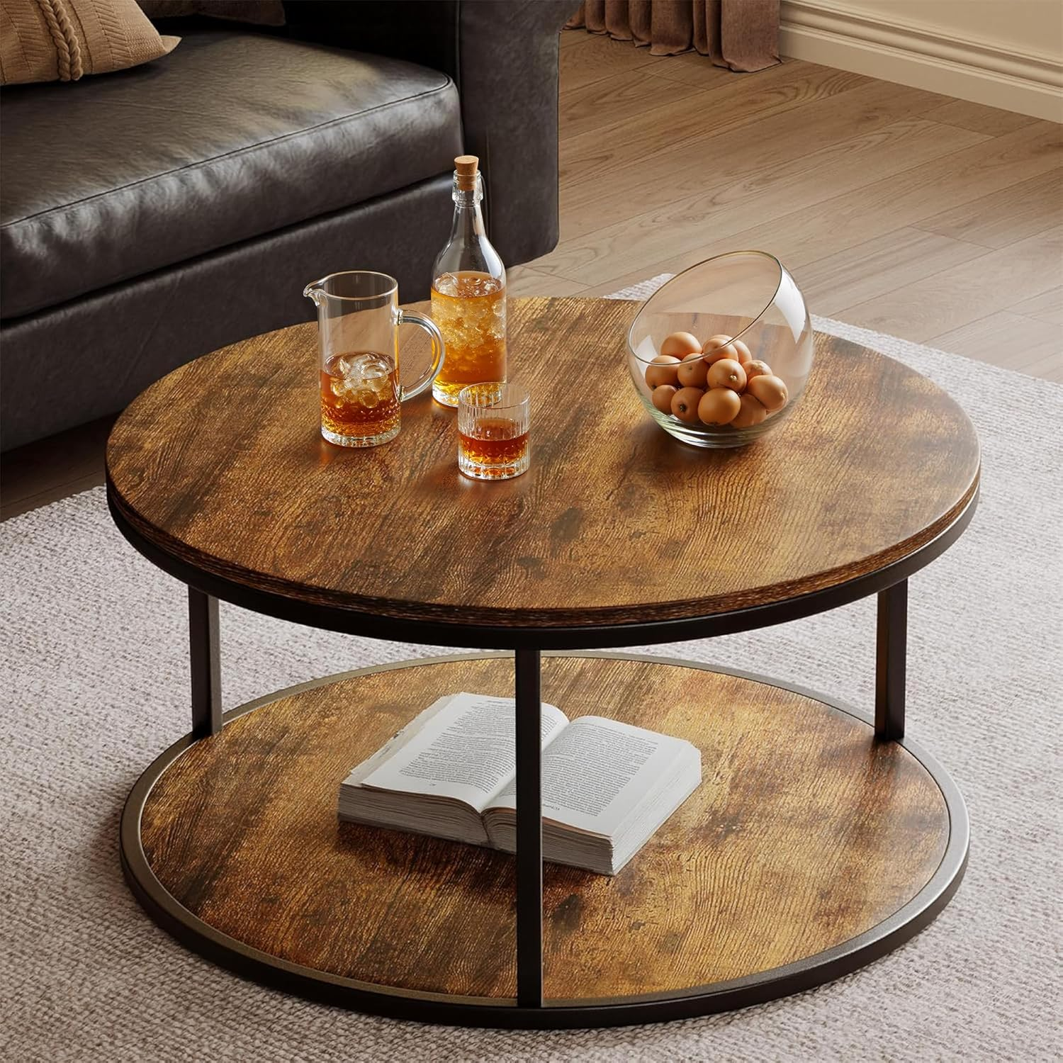 36Cm round Coffee Table with Storage, 2-Tier Small Space Living Room Furniture, Compact Centre Table, Brown image number 6