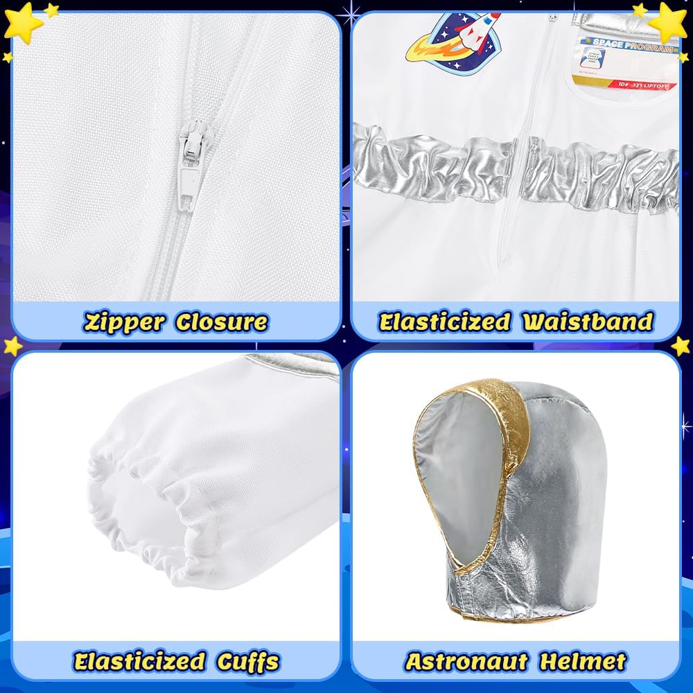 AUTOWT Astronaut Costume Set for Kids, 3 PCS Zippered Space Jumpsuit, White Pilot Spacesuit Breathable Astronaut Dress up Clothes with Space NASA Hat Gloves for Boys Girls Aged 3 4 5 6 7 8 image number 4
