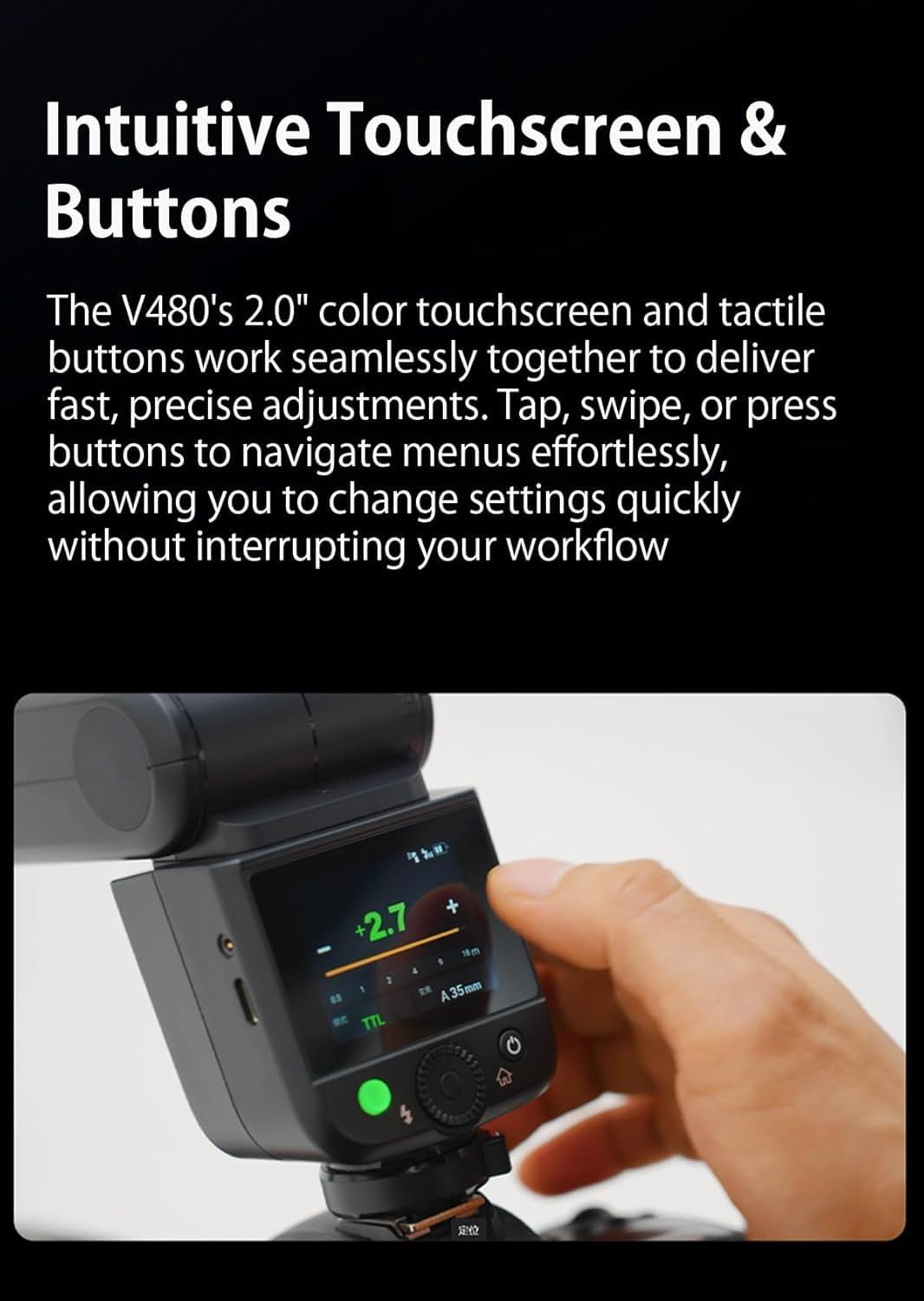 Godox V480C V480 C TTL Flash for Canon, Gn50/1.7S Recycle/650 Flash Times/Hss/Smart Distance Readout/10 Level LED Modeling Lamp/2.0" Touchscreen/2.4G Wireless System/Ttl Camera Flash for Canon image number 1