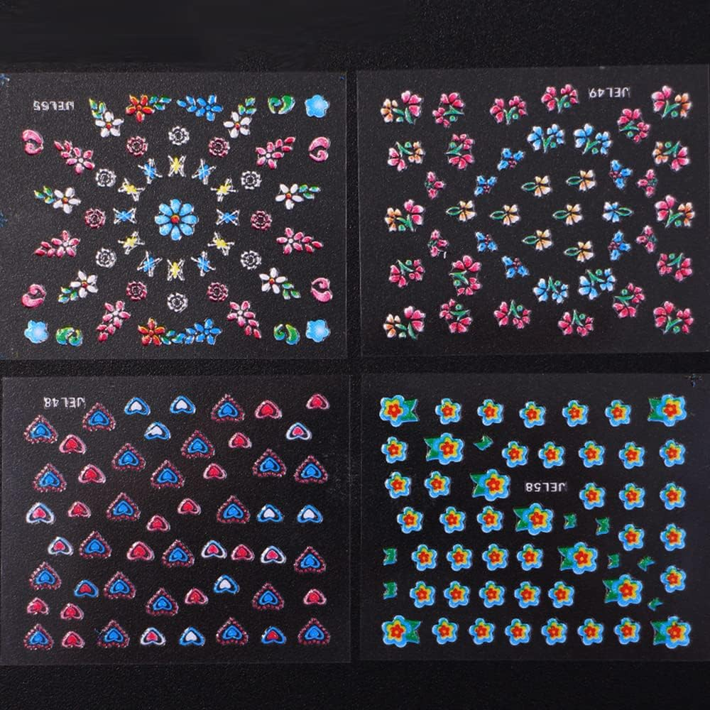 WOKOTO 90Pcs Self-Adhesive 3D Design Nail Art Sticker Colorful White Black Flower Fingernail Decals Nail Art Decoration Decals with 1 Pcs Anti-Static Tweezers image number 1