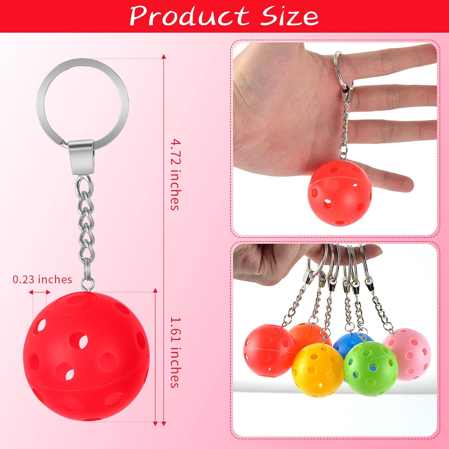 DLUGOPIS 6Pcs Gifts for Pickleball Lovers Pickleball Ornament Pickleball Keychain Pickleball Keychains Bulk Mini Pickleball Keychain for Keychains Luggage Tags Sports Bag, One Red, Yellow, Blue, Green Orange and Pink Each, 4.72 Inches image number 3