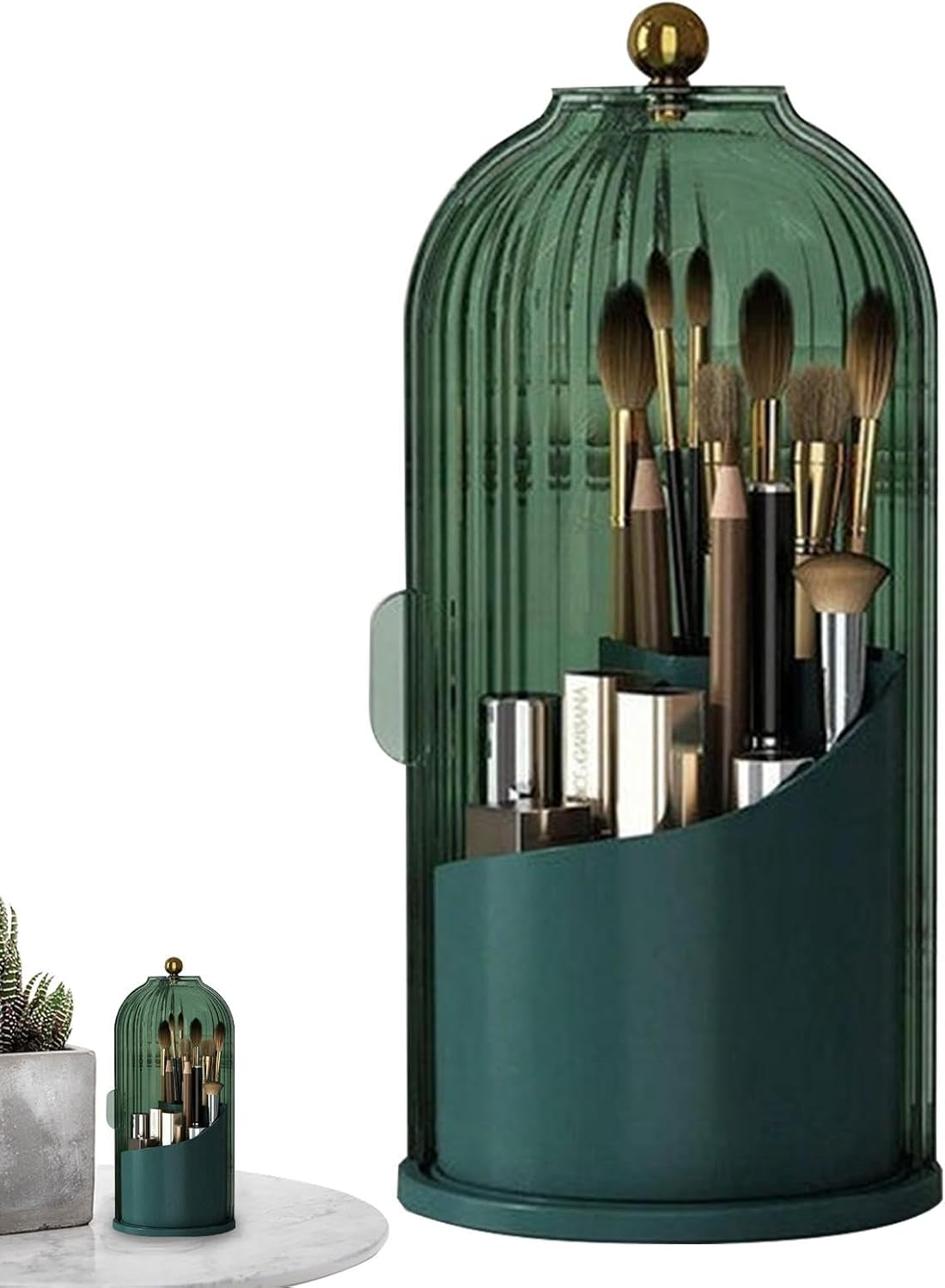 Bird Cage Cosmetic Tools Storage Organizer with Lid,Rotating Makeup Brush Organizer,360&deg; Makeup Brush Organizer, for Vanity, Desktop, Bathroom - Black image number 7