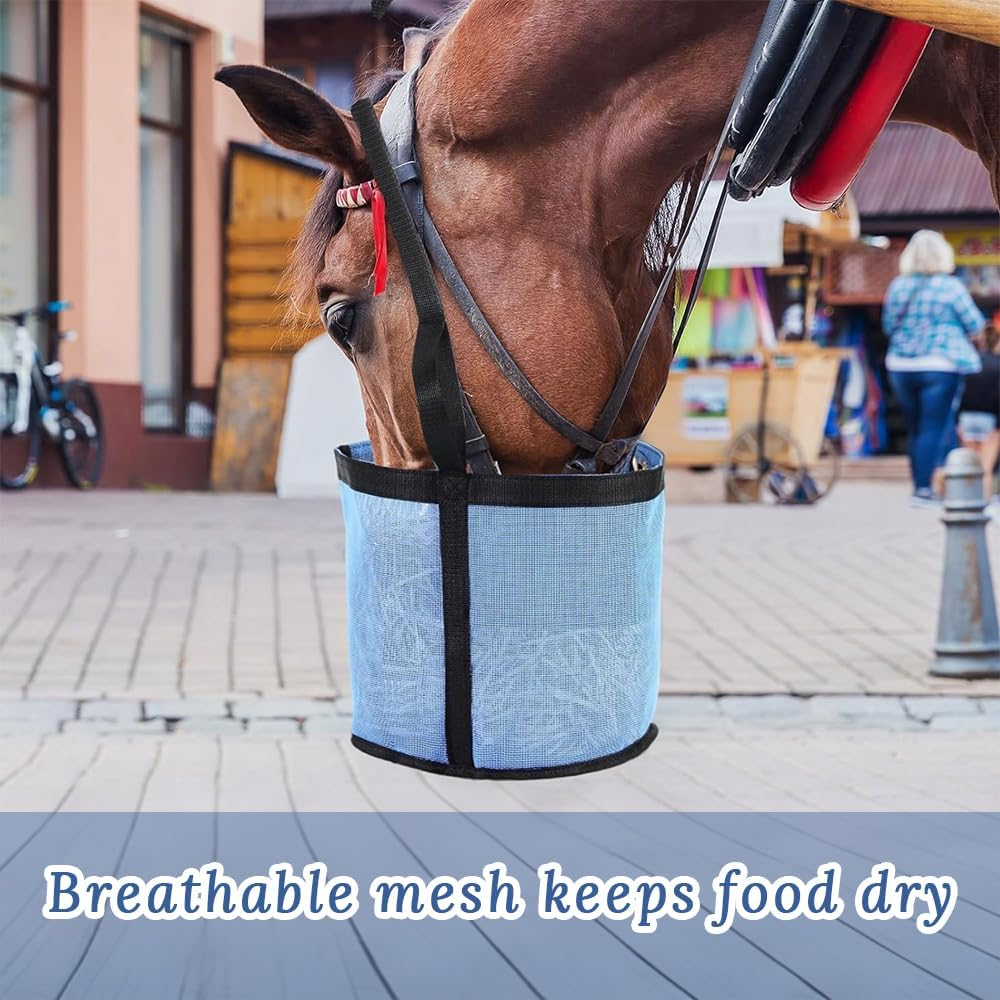2 Pack Horse Feed Bags with Adjustable Halter Strap, Horse Feed Bucket, Mouth Hay Bag, Durable Mesh Grain Feeder for Feeding Horses (Blue)