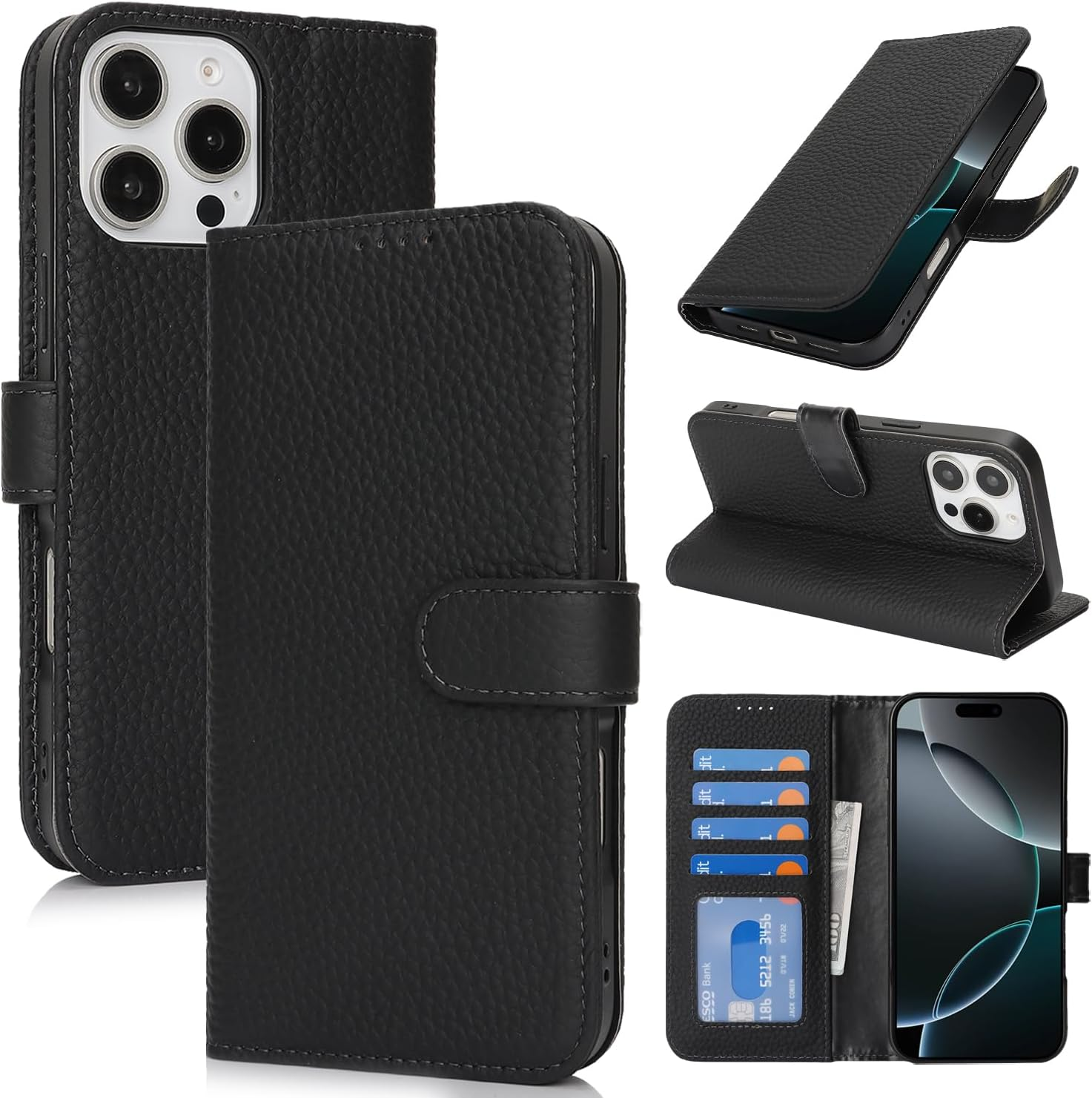 For Iphone 16E Case Genuine Leather Wallet for Iphone16E I16E Sunyoo Case Folio Porte Feuille Coque &Eacute;tui Funda Portefeuille Femmes Homme RFID Blocking Magnetic Book Flip Cover Black Red