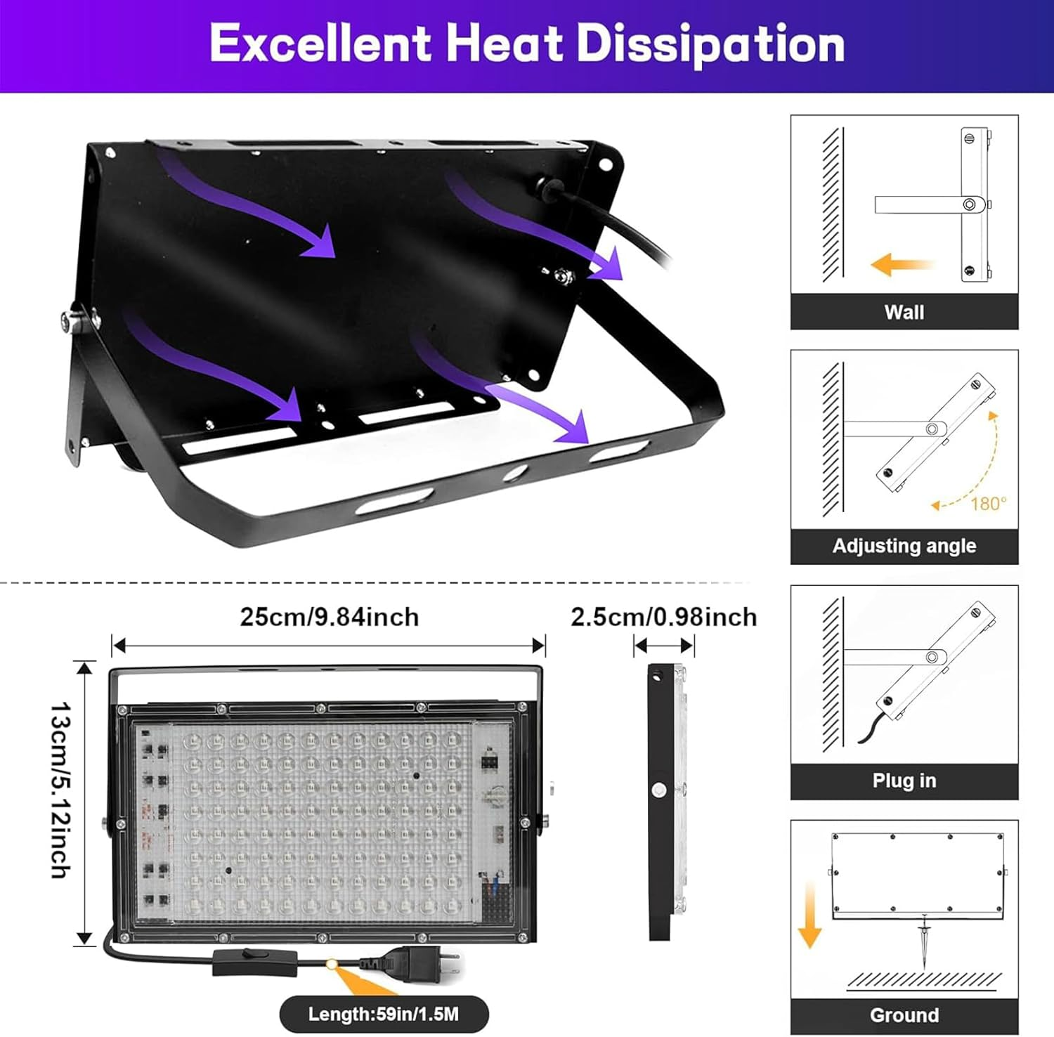 UV LED Black Lights Flood Bulbs 100W 395Nm Ultraviolet Lamp IP65 Waterproof Plum Blossom Blacklight Purple Glow in the Dark Paint Party Decorations Lightbulbs Fixtures for Poster Room Stage Halloween image number 2