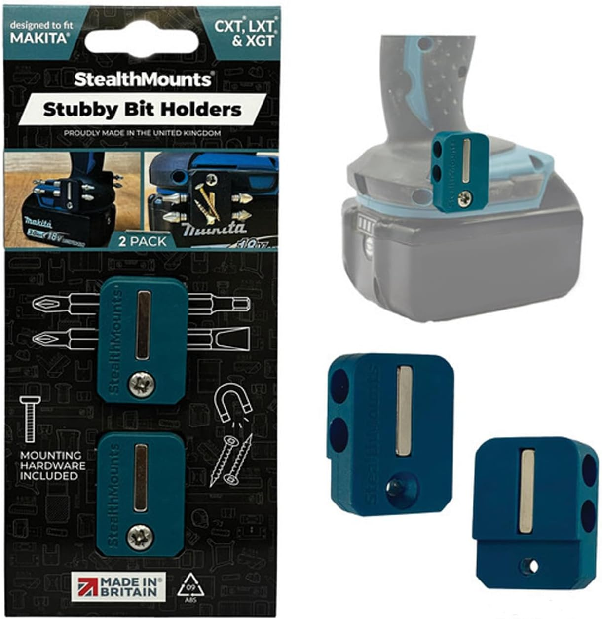 Stealthmounts Blue Stubby Magnetic Bit Holder Compatible with Makita- 2 Pack | Drill Bit Organizer | Made in the UK image number 1